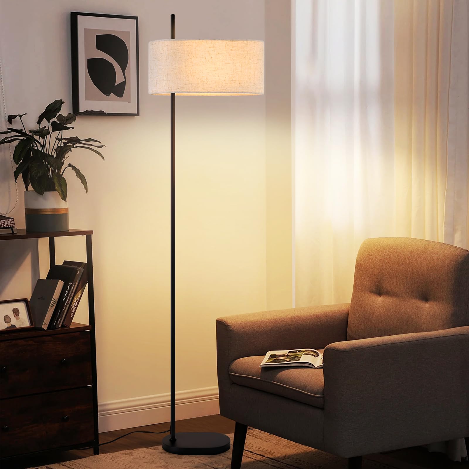 CBJKTX Lámpara de pie, lámpara de pie vintage para salón, 154 cm, lámpara de pie negra, pantalla de tela, E27, lámpara de pie industrial retro con interruptor de pie, lámpara de pie para dormitorio