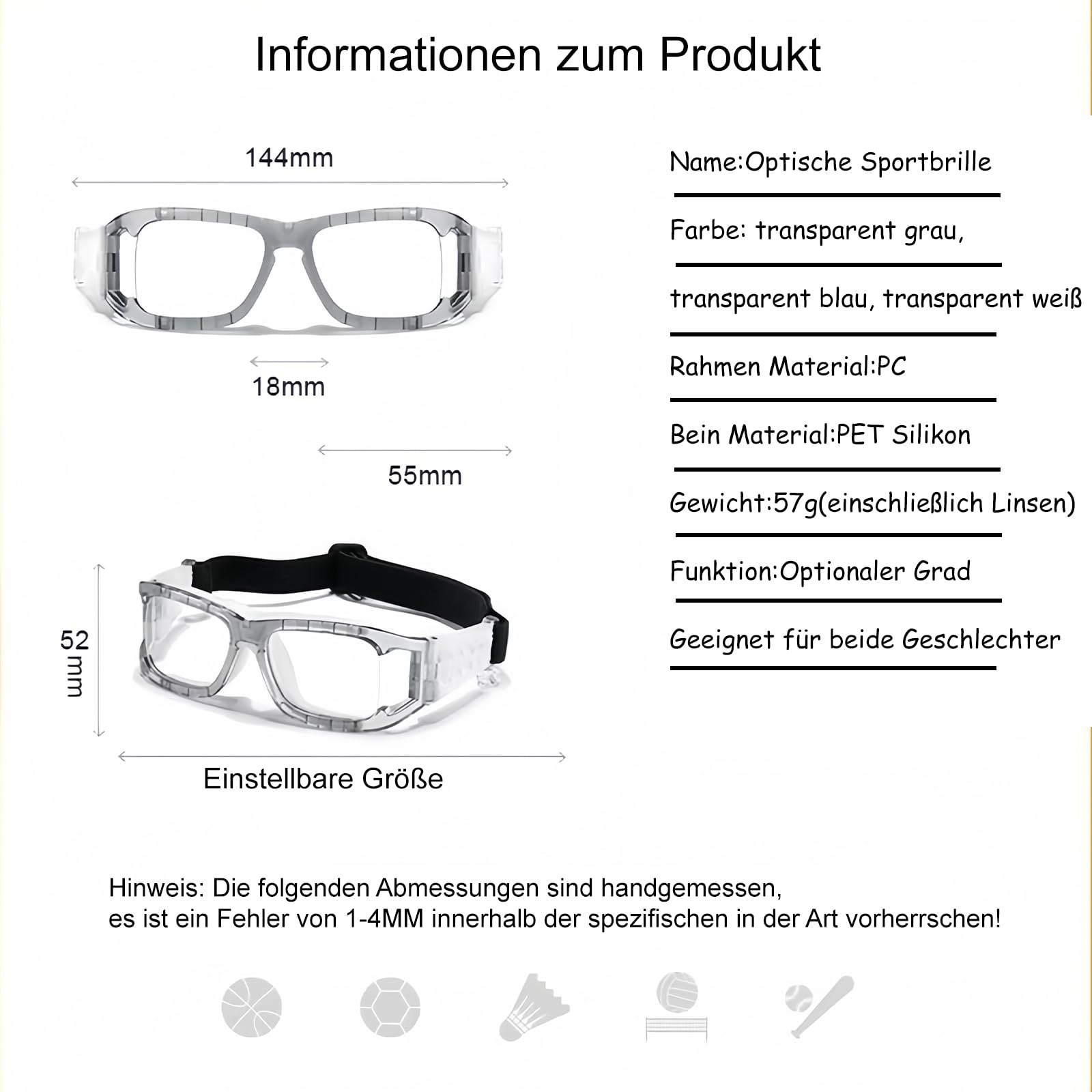 Optische Sportbrille, Dioptrien: -0,5-8,0, Fußball, Volleyball, Hockey, Sportbrille für draußen, Schutzbrille, Basketball, Laufen, Radfahren,verstellbares Gummiband