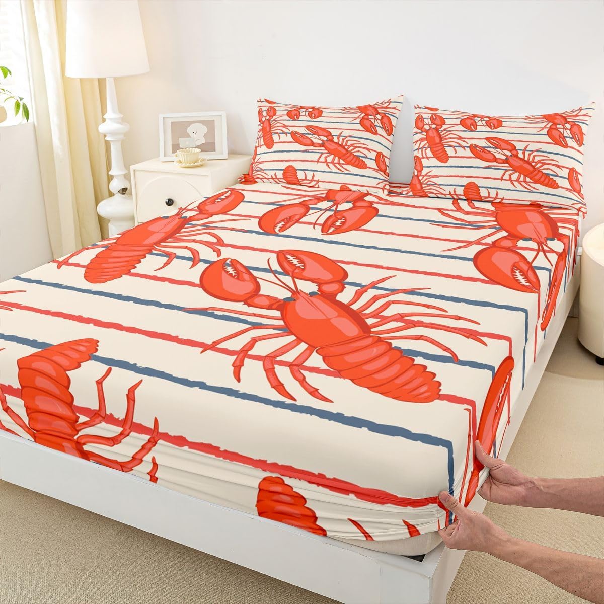 Erosebridal Red Lobster Sheet Set Queen Ocean Animals Bed Sheets Set for Kids Adult Blue Blue Red Lines Coastal Marine Life Sheets Underwater Sea Wild Animals Shrimp Bedroom Decor Bed Set