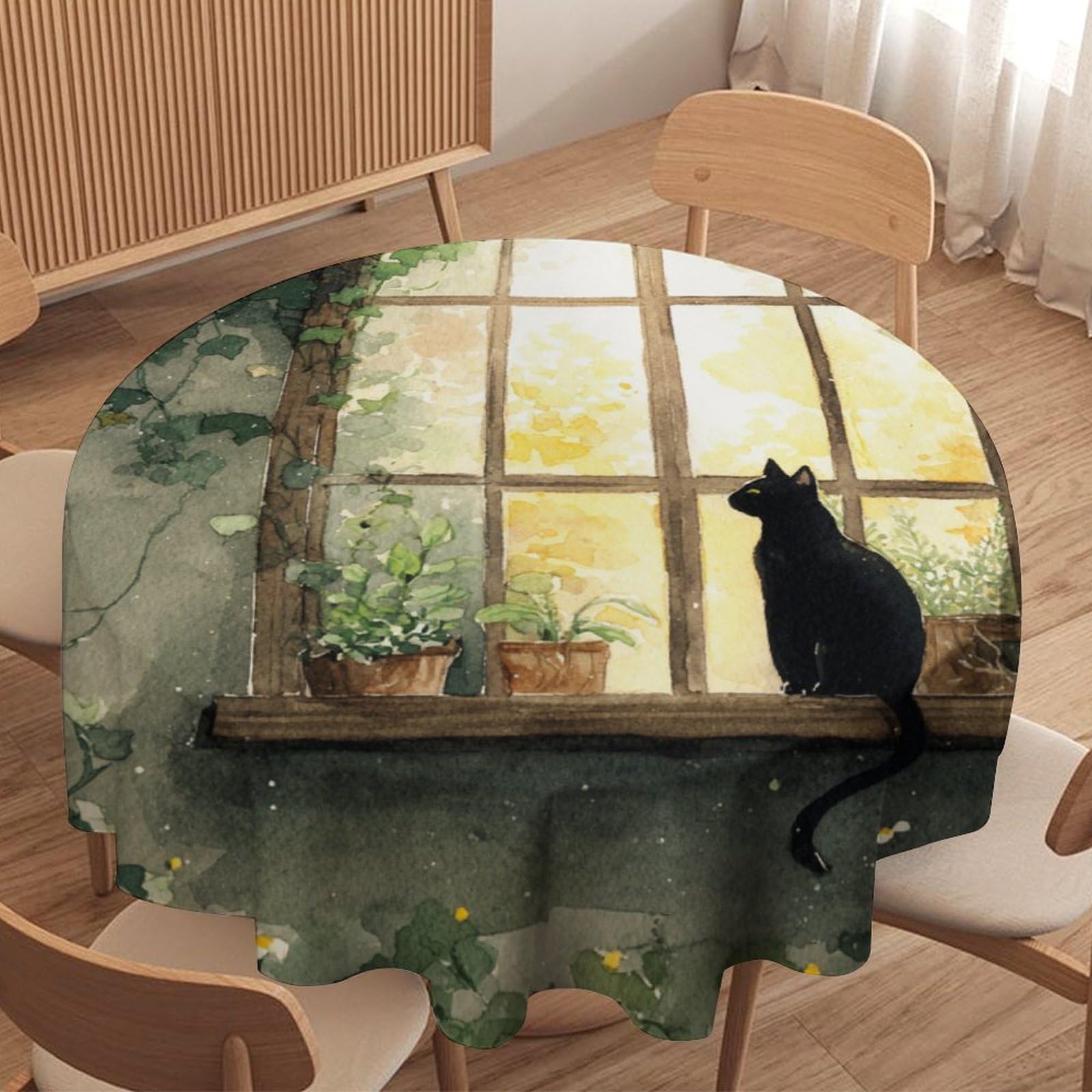 LUYYSKY Vintage Abstract Black Cat Waterproof Round Tablecloth Funny Realistic Botanical Cottage Animal Kitten Flowers Washable Table Cover for Kitchen-91.4" Wx91.4 L cm