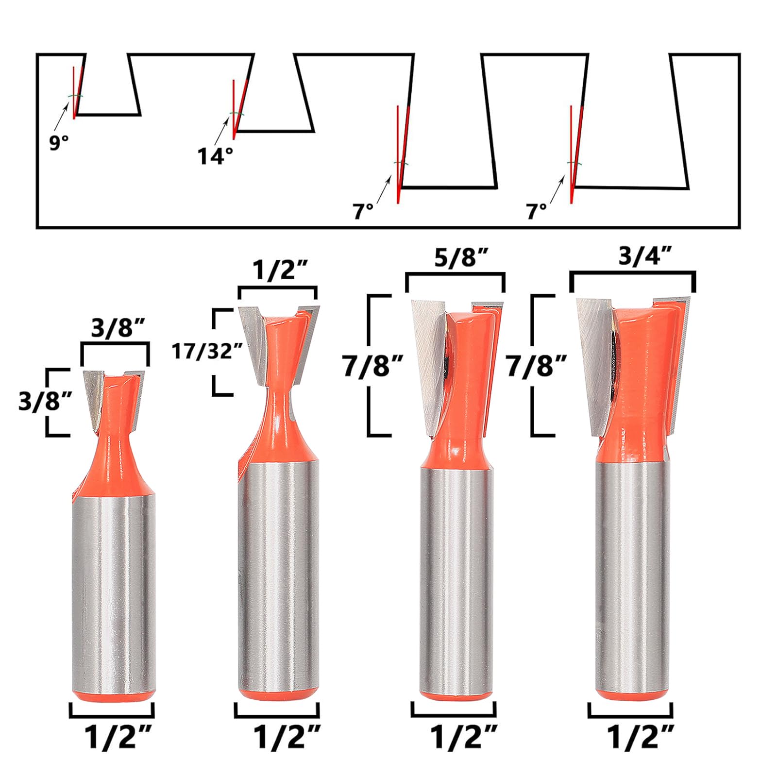 Sinoprotools 6Pcs Dovetail Router Bit Set 1/2 Inch Shank, Dovetail Router Bit for Making Drawers & Boxes Jointing, Grooving - Image 2