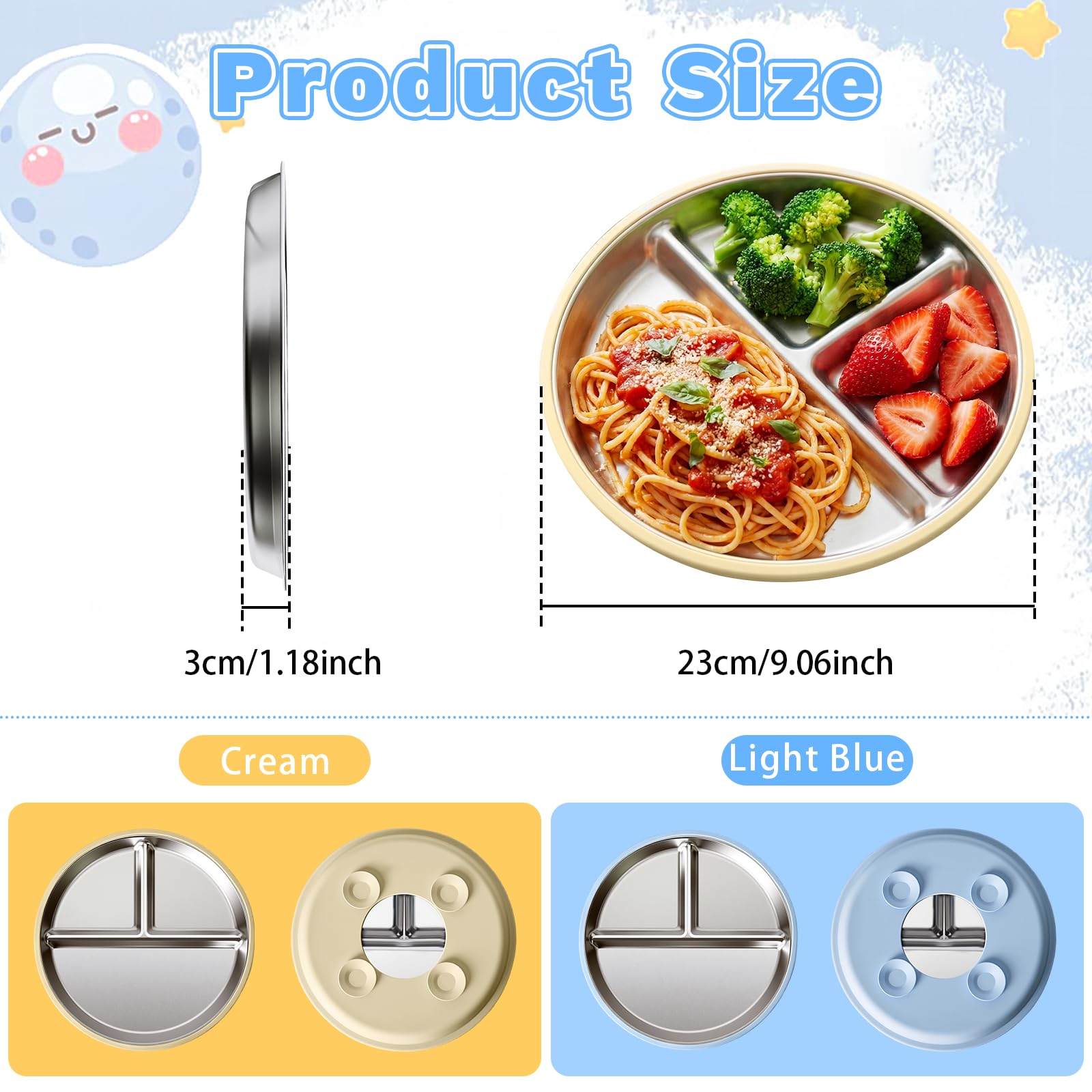 Sweetone Lot de 2 assiettes pour enfants avec ventouse, sans BPA, en acier inoxydable, antidérapantes, divisées avec 2 fourchettes et 2 cuillères, passent au lave-vaisselle, idéales pour manger