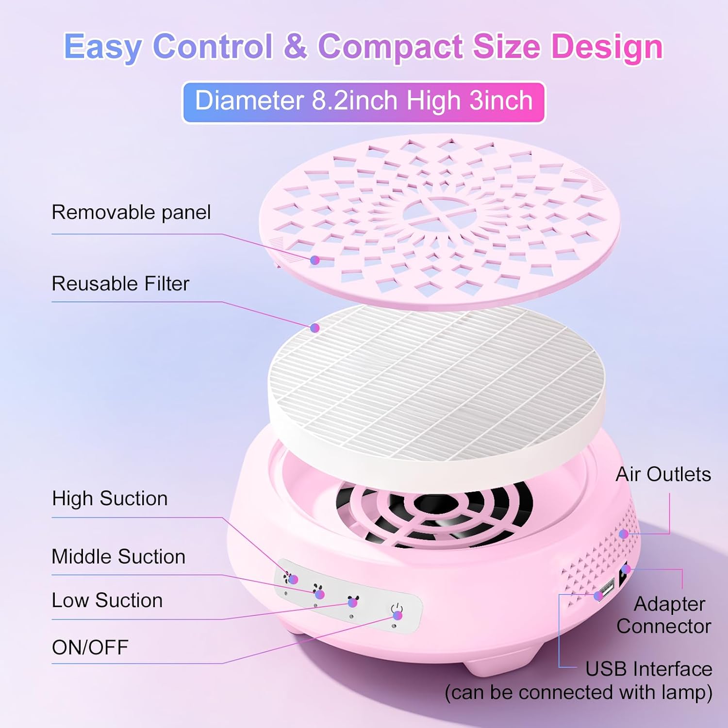 Professional Nail Dust Collector, Quiet Nail Vacuum Cleaner Machine with Reusable Filter, Powerful Suction Nail Tech Dust Fan for Acrylic Gel Nails Art Polishing, Manicure Pedicure Salon Home, Pink