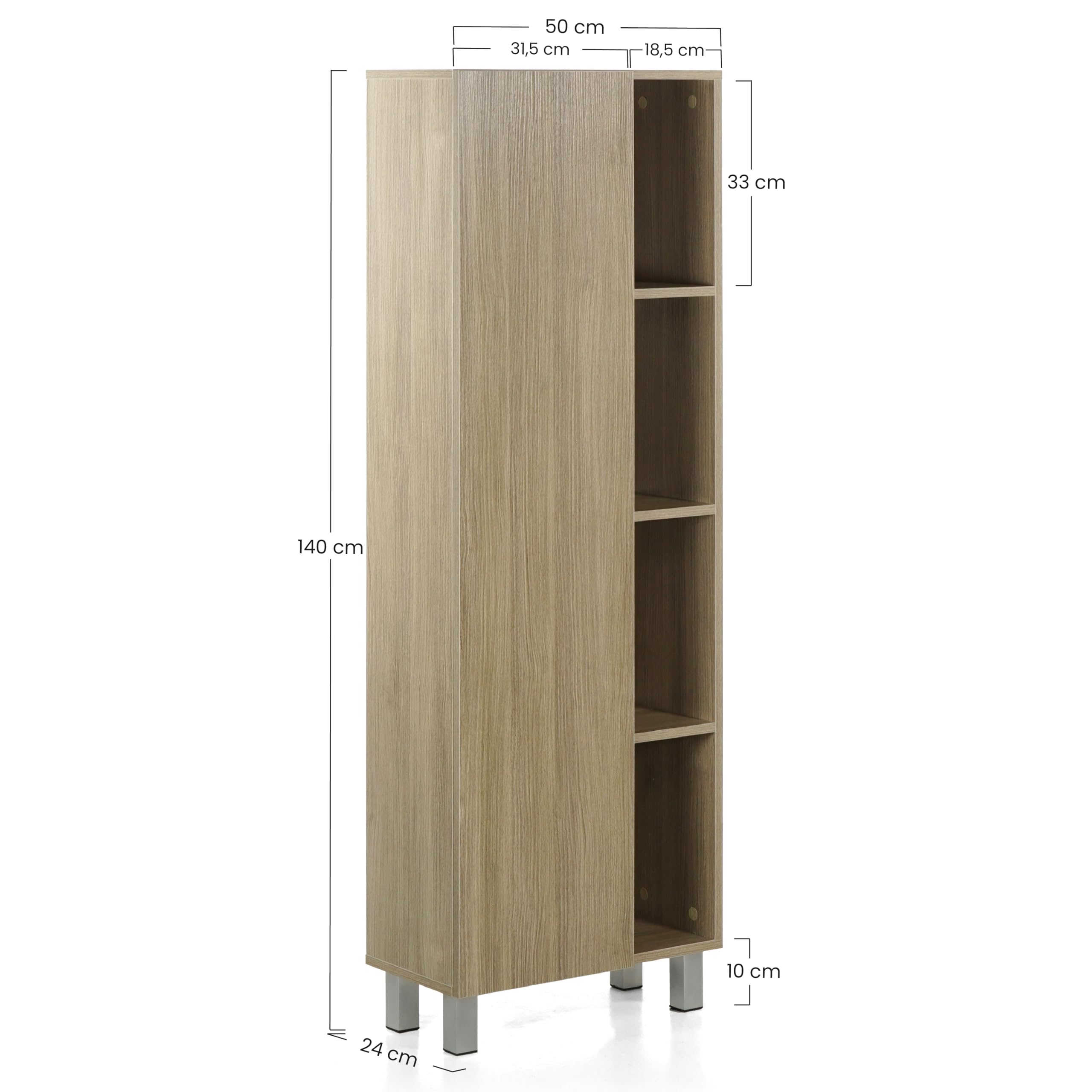Brigros WeHome - Mobile Colonna 50x140x24 cm, 1 Anta e 4 Vani in Legno, Mobiletto da Assemblare- Bagno