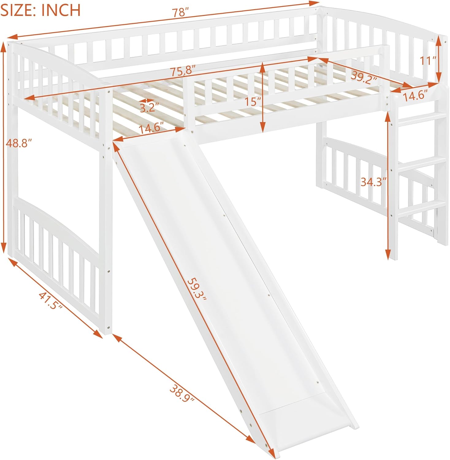 Bellemave Twin Size Low Loft Bed with Slide and Ladder, Wooden Loft Bed Frame for Kids Girls Boys – White
