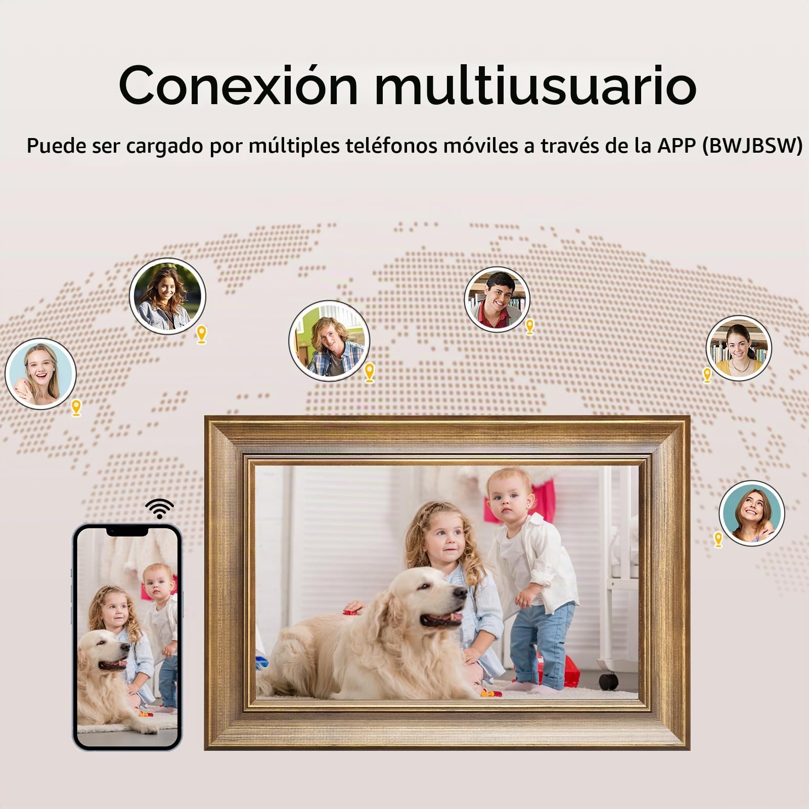 Marco de Fotos Digital WiFi Marco Digital de Foto de 10 Plgadas, IPS HD Pantalla Táctil, Smart Madera Marco para Fotos Electronico de 16GB Memoria, Auto-Rotación, Comparte Fotos/Videos Via App