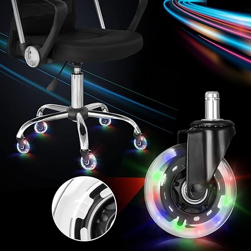 Miniatura 5 de Hivexagon Juego de 5 ruedas para silla de oficina con luces RGB que cambian de color, juego de 5 ruedas de repuesto de goma, ruedas universales