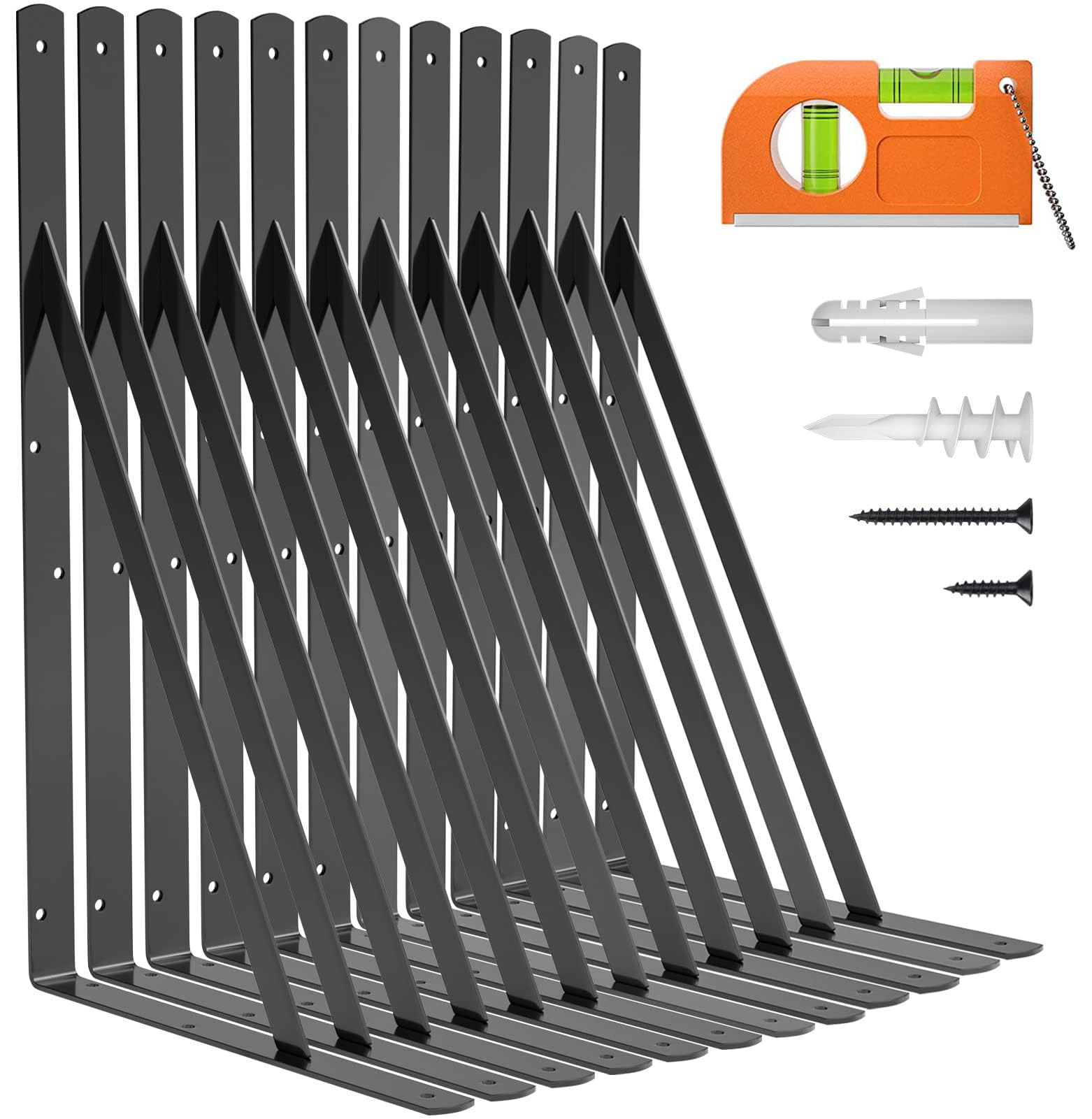 LuckIn Paquete de 12 soportes de estante resistentes de 18 pulgadas, apto para estantes flotantes de 18, 20, 24 pulgadas, soportes en L con triángulo de 90 grados, carga máxima de 250 libras,