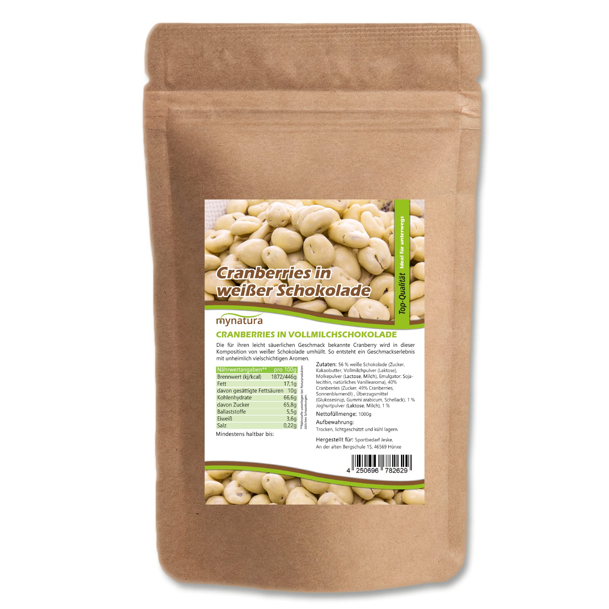 Mynatura Cranberrys, getrocknet, in weißer Schokolade I Cranberry I mit Schokolade umhüllt I Müsli I Snack I Cranberries I Süß I Beutel (2x 1000g)