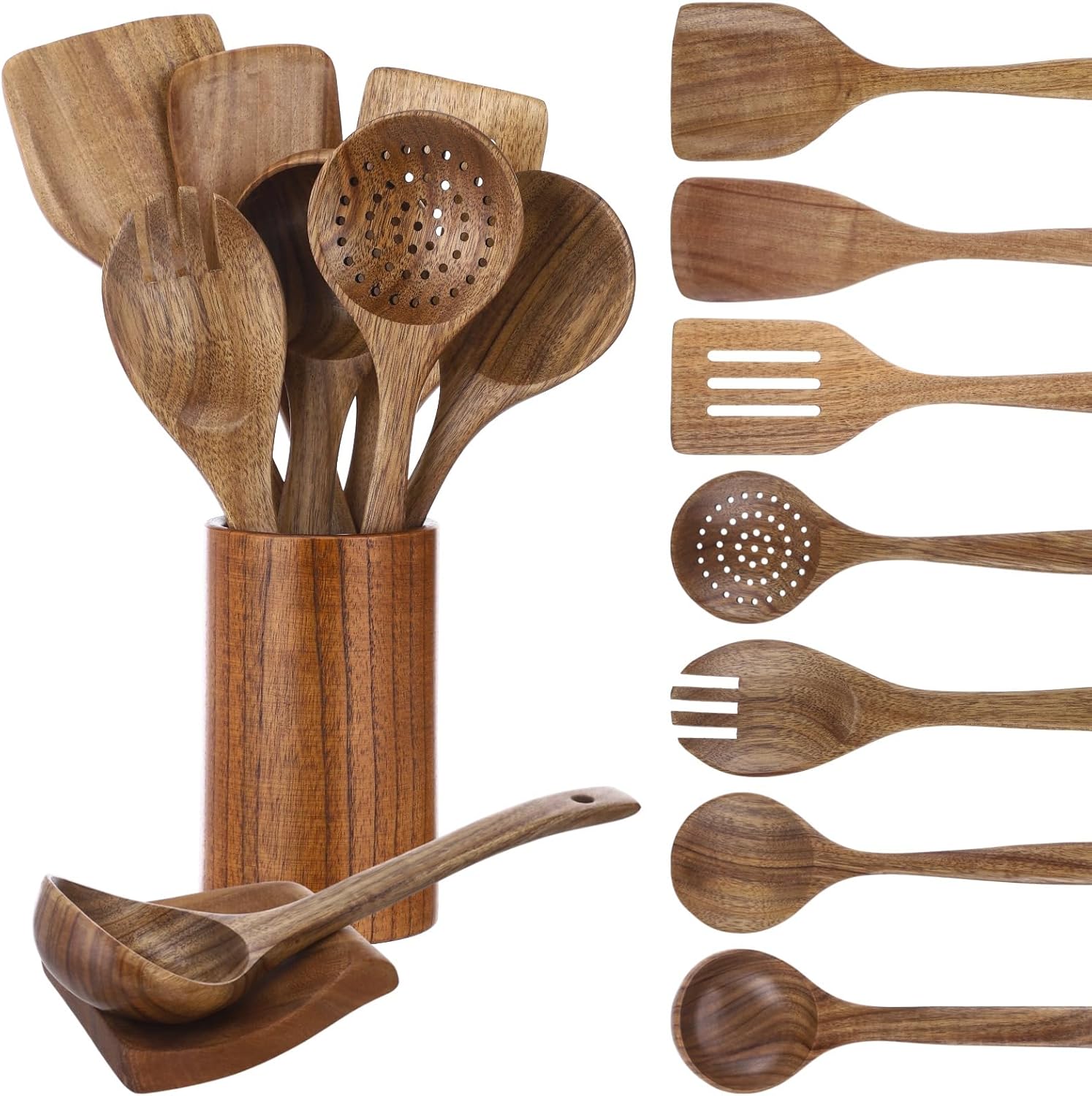 10 PCS Natural Teak Kitchen Cooking Utensil Set with Holder, Wooden Spoons for Cooking, Nonstick Safe Kitchen Utensils, Spatula Spoon Set with Spoon Rest Hooks, Natural Wood Kitchen Tools
