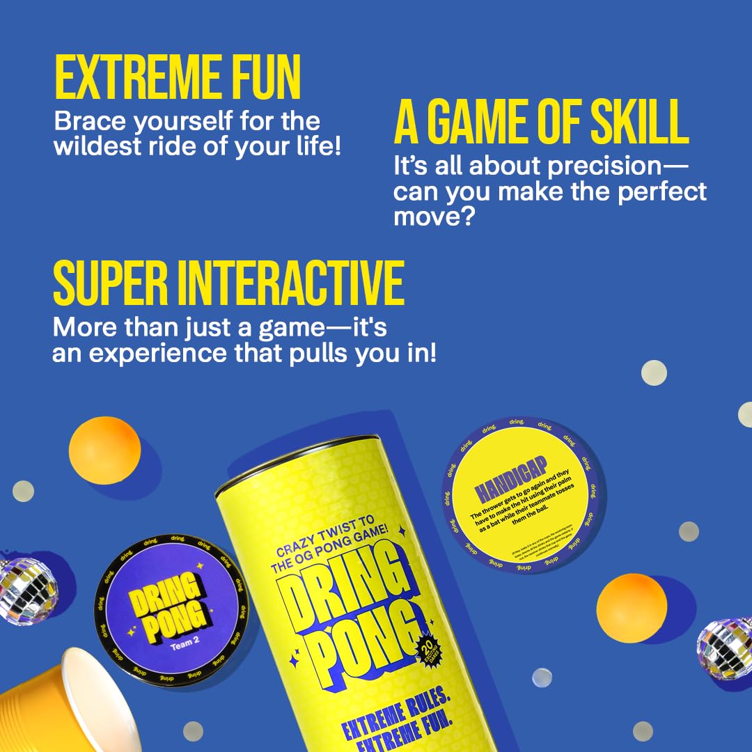 Dring Pong - Crazy Twist to The OG Pong-Game | All in One Set - 20 Coaster Dares, 22 Cups, 4 Balls | House Party Game for Adults | 2-12 Players | Perfect for Birthday, Bachelor & Gifts for Friends - Image 7 thumbnail