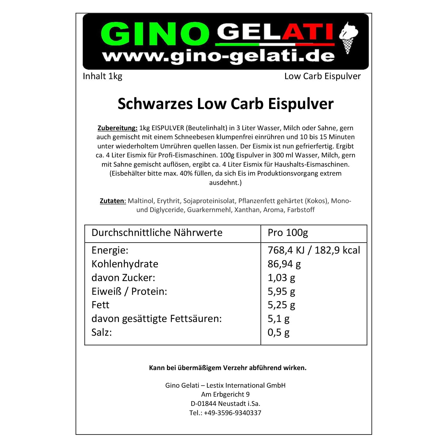 Gino Gelati Schwarzes Eis Pulver mit Cappuccino- oder Espresso Geschmack, Made in Germany, schnelle und einfache Zubereitung auch ohne Eismaschine möglich (1 Kg, Espresso Low Carb)