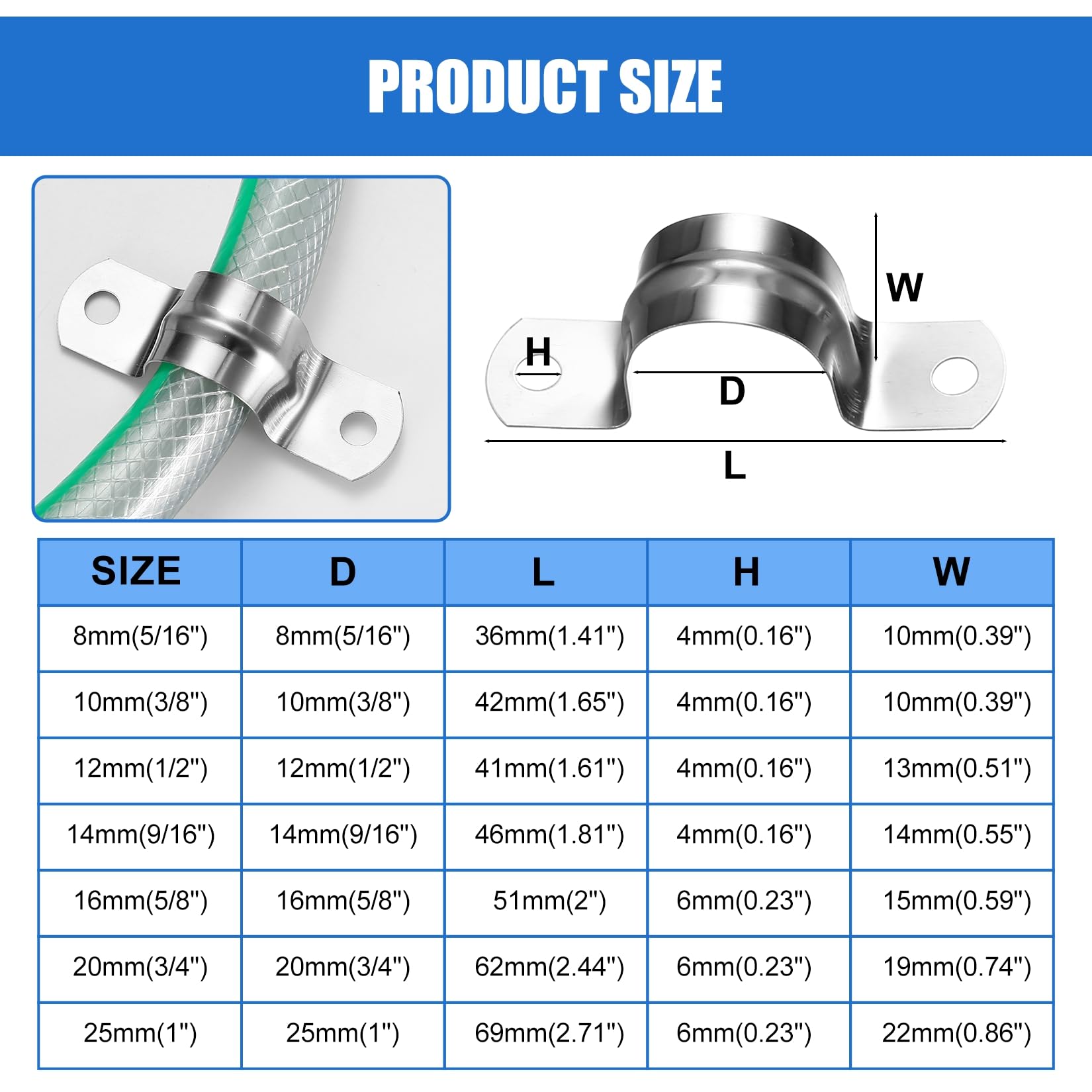 qxayxa 90 Pcs Stainless Steel U‑Shaped Pipe Clamps, Two‑Hole Pipe Straps, 7 Sizes - Image 2