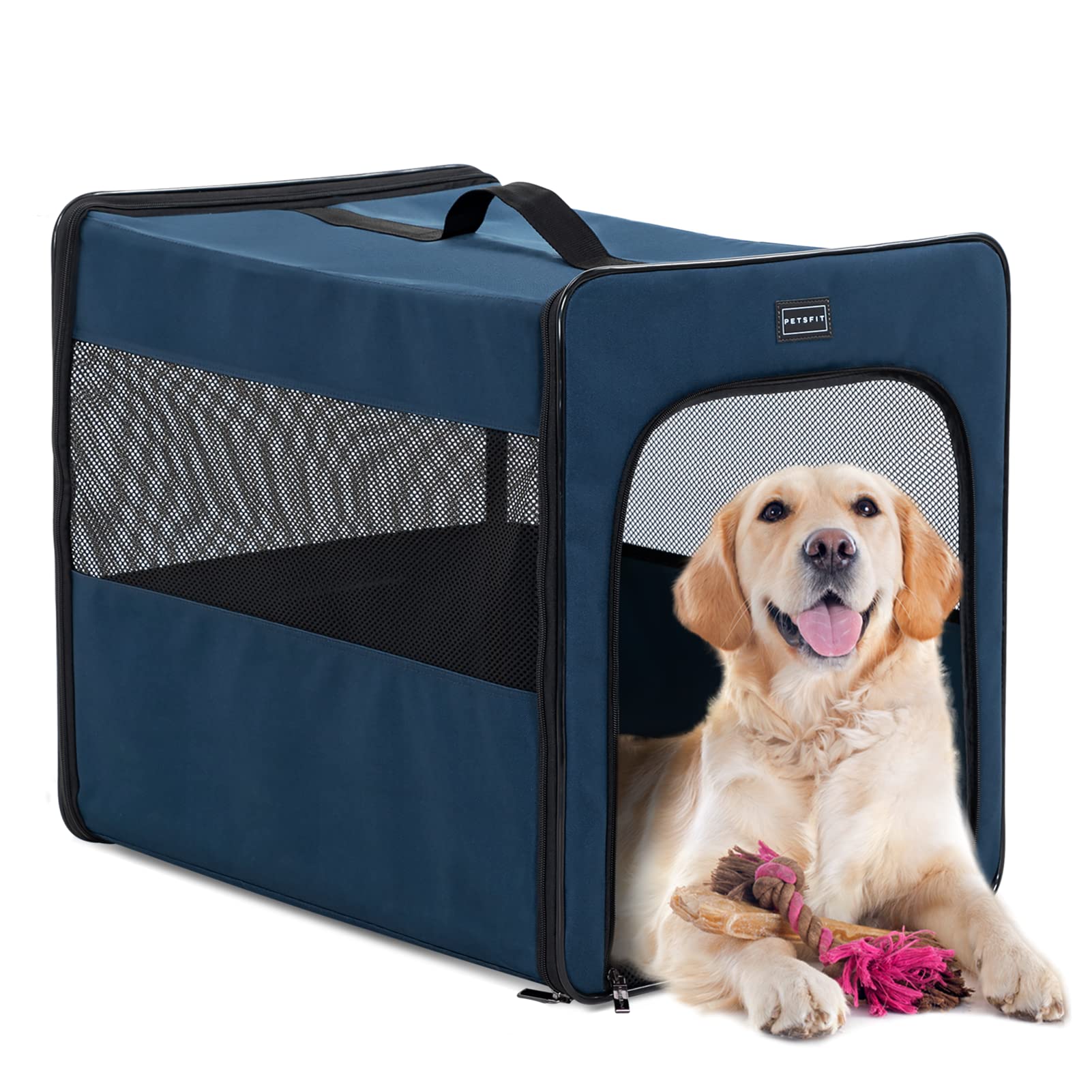 Petsfit Hundebox faltbar für zuhause, Hundetransportbox Faltbare Hundebox große Hunde, robust, leicht, sicher mit 3 cm dicken Plüschmatte, L 79x53.5x66cm
