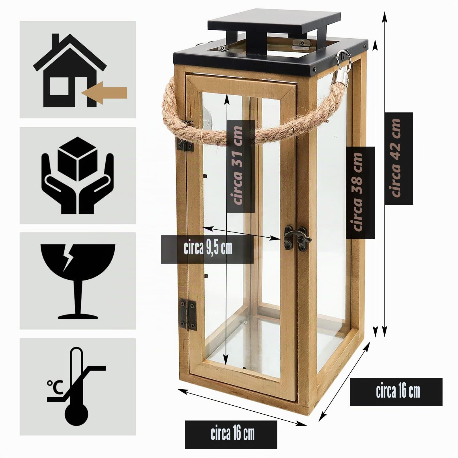 Dekovita 42cm Lanterna di Legno - Fanale da giardino con pannelli di vetro e manico in corda - Lampada Deco