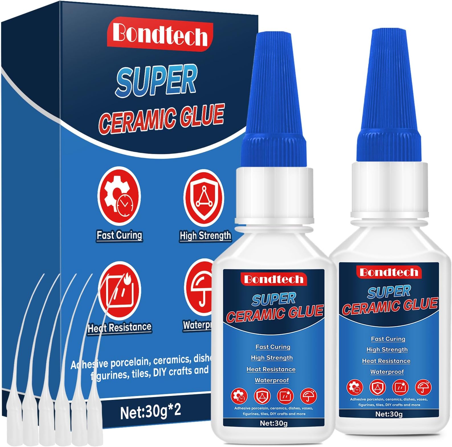 Ceramic Glue 30 g*2, Porcelain Glue, Clear Adhesive for Pottery, Dishes, Tiles, DIY Crafts, Waterproof, Heat-Resistant, with Anti-Clog Cap