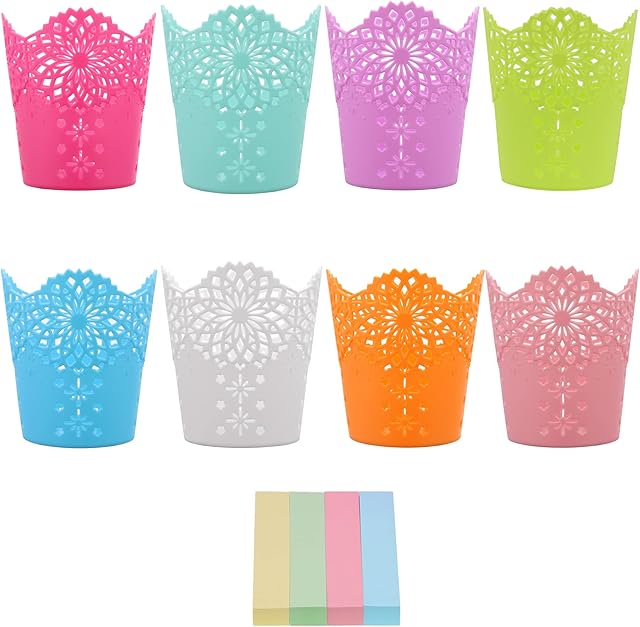 OKVGO 8pcs Set Pencil Holder Cup, Lovely Cute Plastic Hollow Flower Pencil Pots for Office School and Home Pen Ruler Stationery Makeup Brush Storage Organizer with 400pcs Sticky Notes Multicoloured