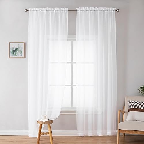 Simplebrand White Sheer Curtains 72 Inches Long 2 Panels for Living Room, Rod Pockets Airy Window Treatments Voile Sheer White Curtains Panels Blanco