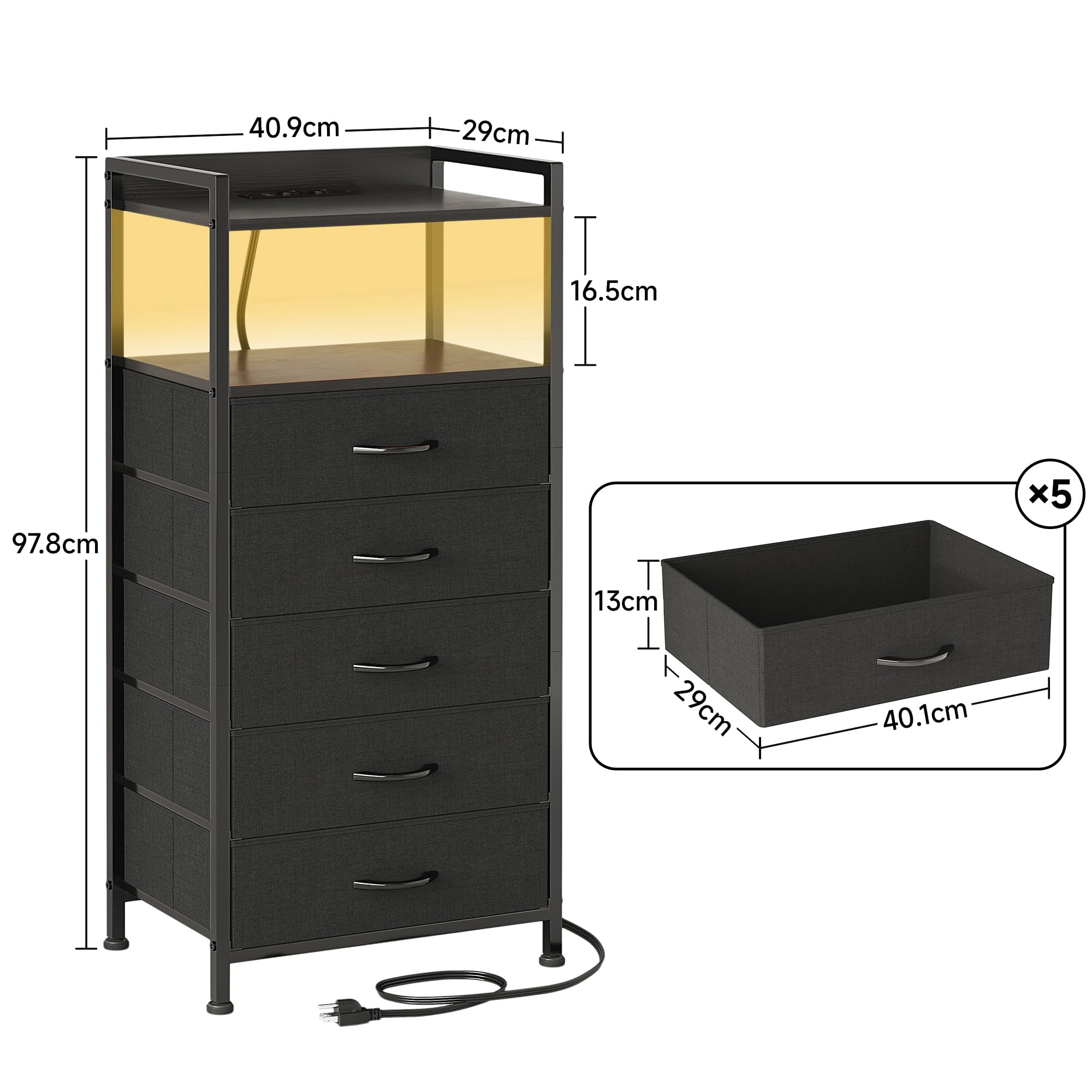 CAIYUN Nachttisch mit Ladestation, hohe Schwarze Kommode für das Schlafzimmer, Nachttisch mit LED-Beleuchtung, Beistelltisch für das Wohnzimmer, Stoff-Aufbewahrungsschublade, Metallgestell, Holzmöbel