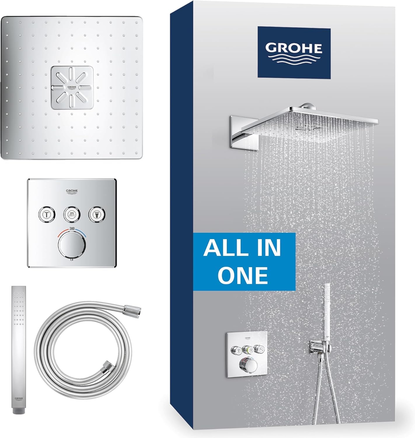 GROHE Precision SmartControl Ensemble de Douche Encastré 3 sorties (Douche de Tête Vitalio SmartActive Cube 310 2 jets, Pommeau de Douche Vitalio Joy Cube Stick 1 jet) Chromé, 34875000