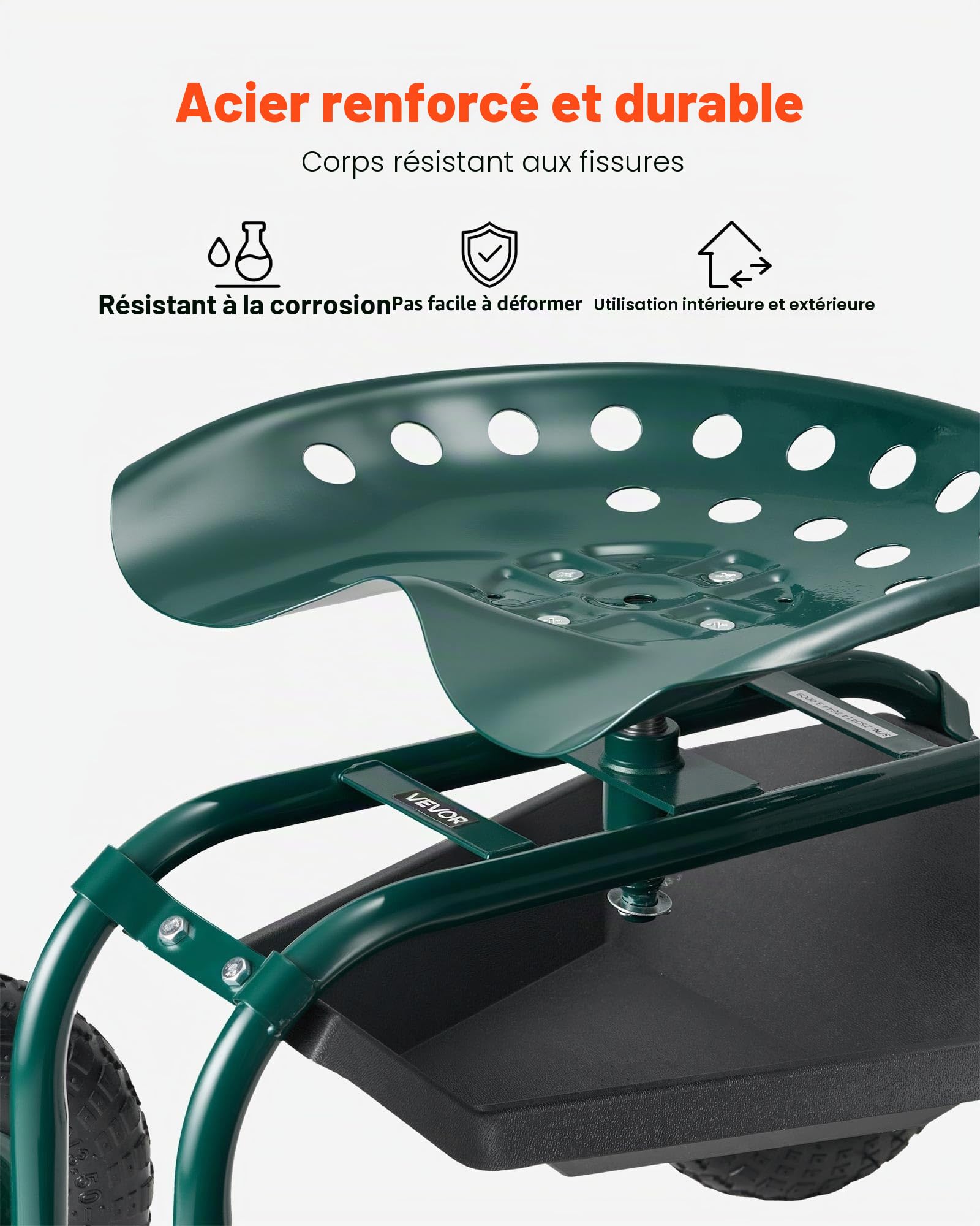 VEVOR Siège de Jardin Roulant, Tabouret de Jardinage sur Roues Robuste avec Panier de Rangement à Outils, Capacité de Charge 136 kg, Chariot avec Siège pour Désherbage, Plantation, Terrasse, Extérieur