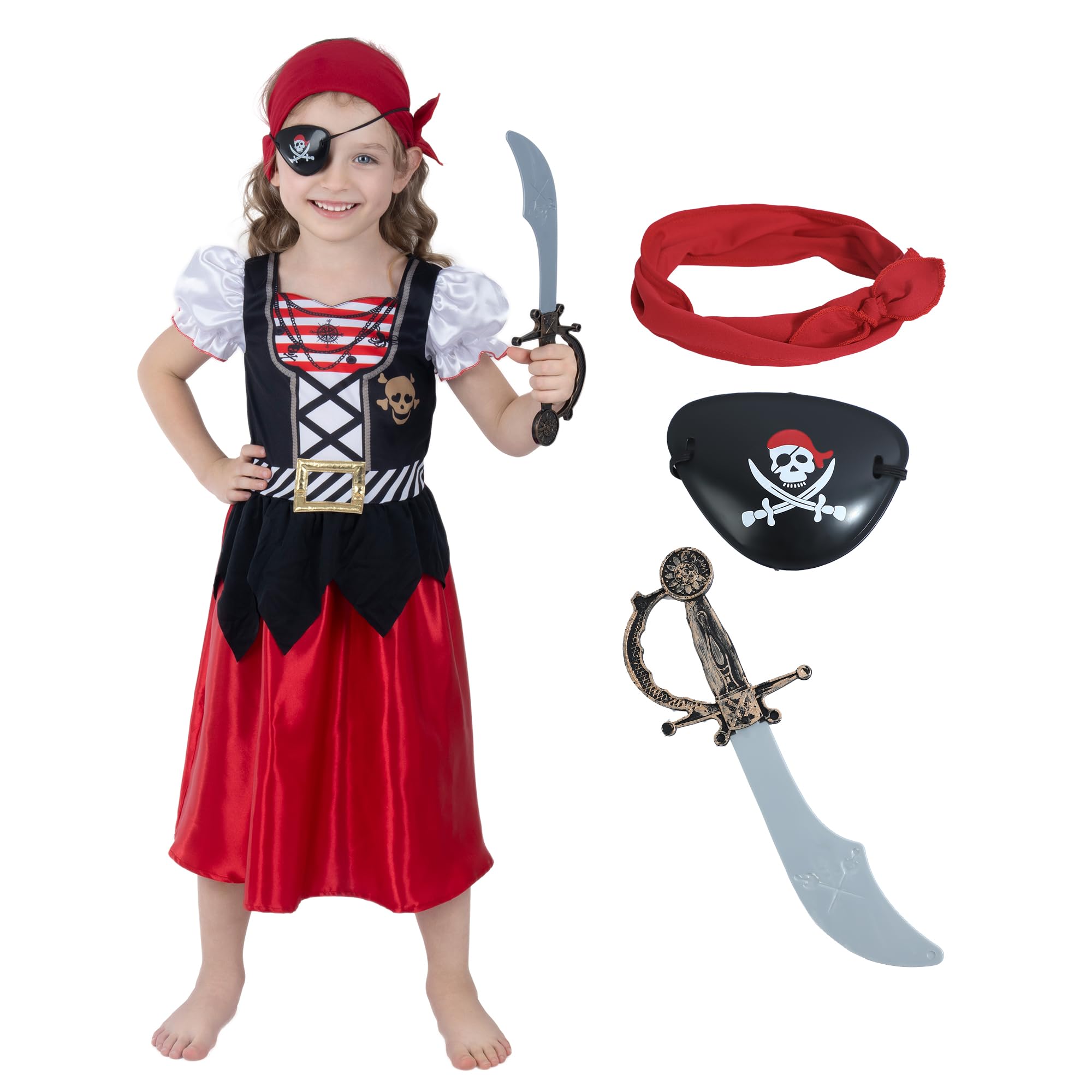 Leadtex Girls Pirate Costume Girls Pirate Dress Buccaneer Costume Kids Birthday Cosplay Party Outfits with Accessories