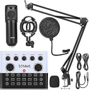 F993 All-in-One Podcast Equipment Bundle，BM-800 Recording Studio Package with Voice Changer, Live Sound Card - Audio Interface for Vlog/Live Streaming/Singing/YouTube/Gaming(White)