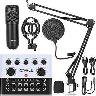 F993 All-in-One Podcast Equipment Bundle，BM-800 Recording Studio Package with Voice Changer, Live Sound Card - Audio Interface for Vlog/Live Streaming/Singing/YouTube/Gaming(White)