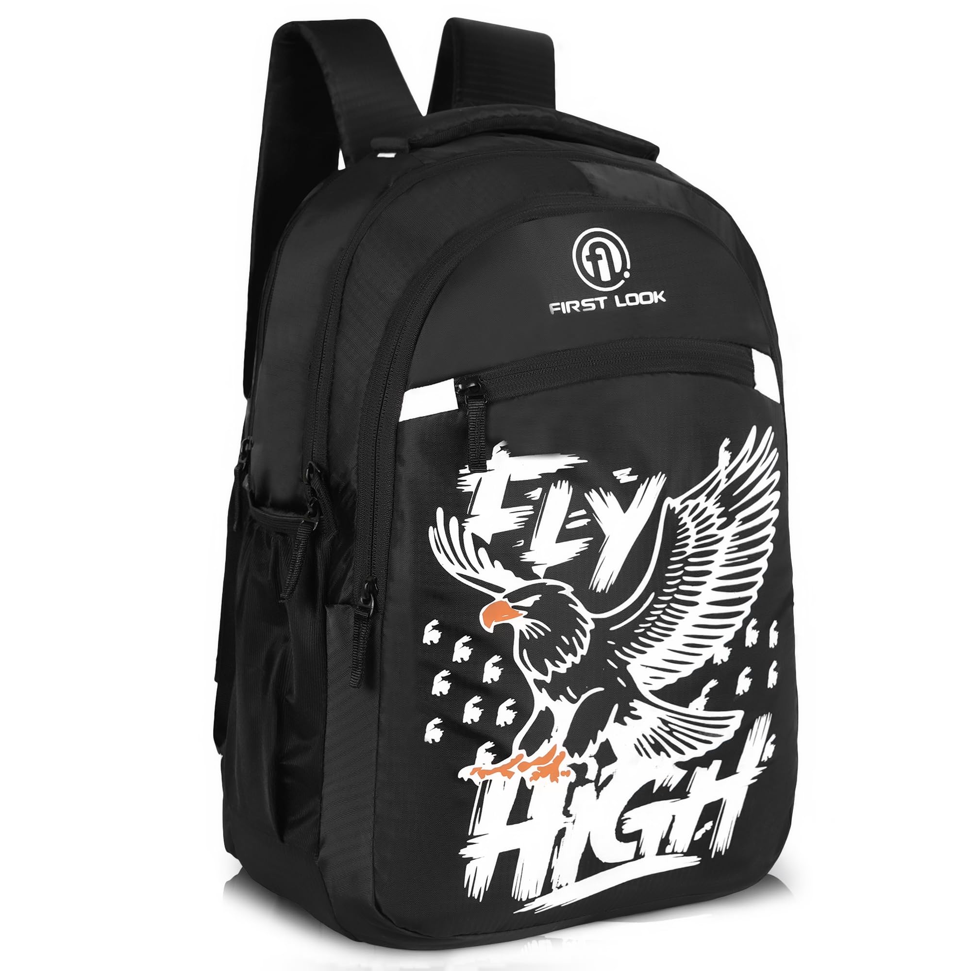 first look Water Resistant School & College Backpack for Boys & Girls | Lightweight Laptop Bag with Padded Shoulder Straps | Durable Travel & Office Backpack | Fly High Printed Black Bag-picture-48