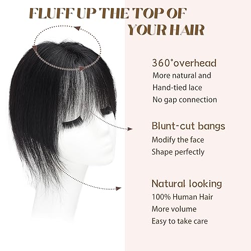 Miniatura 3 de viviaBella Toppers de cabello humano con clip de 10 pulgadas con flequillo, negro natural