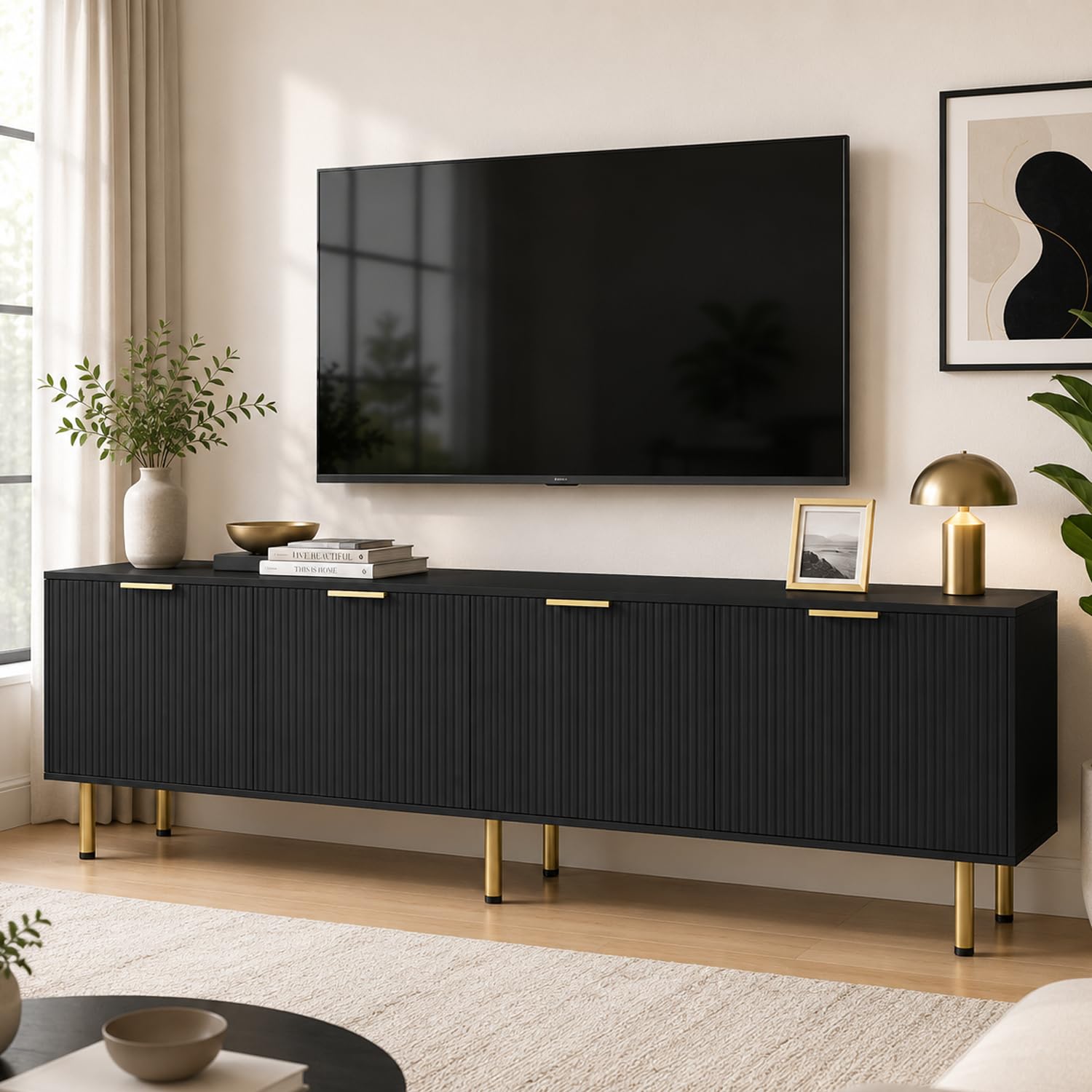 HEYZONE Black TV Stand with a television and decor in a living room setting