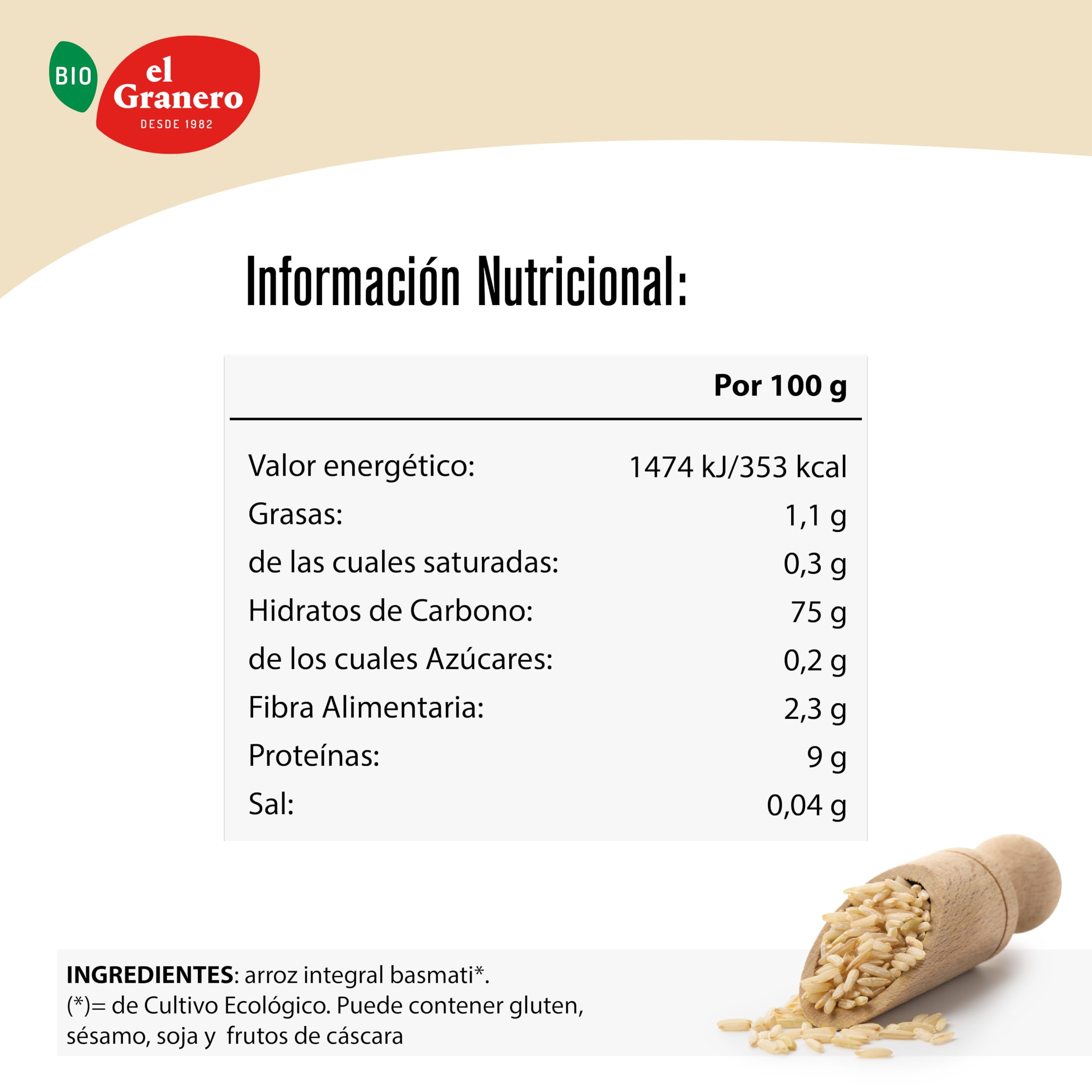 El Granero Integral - Arroz Integral Basmati Ecológico - Cultivo Ecológico - Aroma Suave y Textura Ligera - Ideal para Guarniciones y Platos Saludables - 500 g