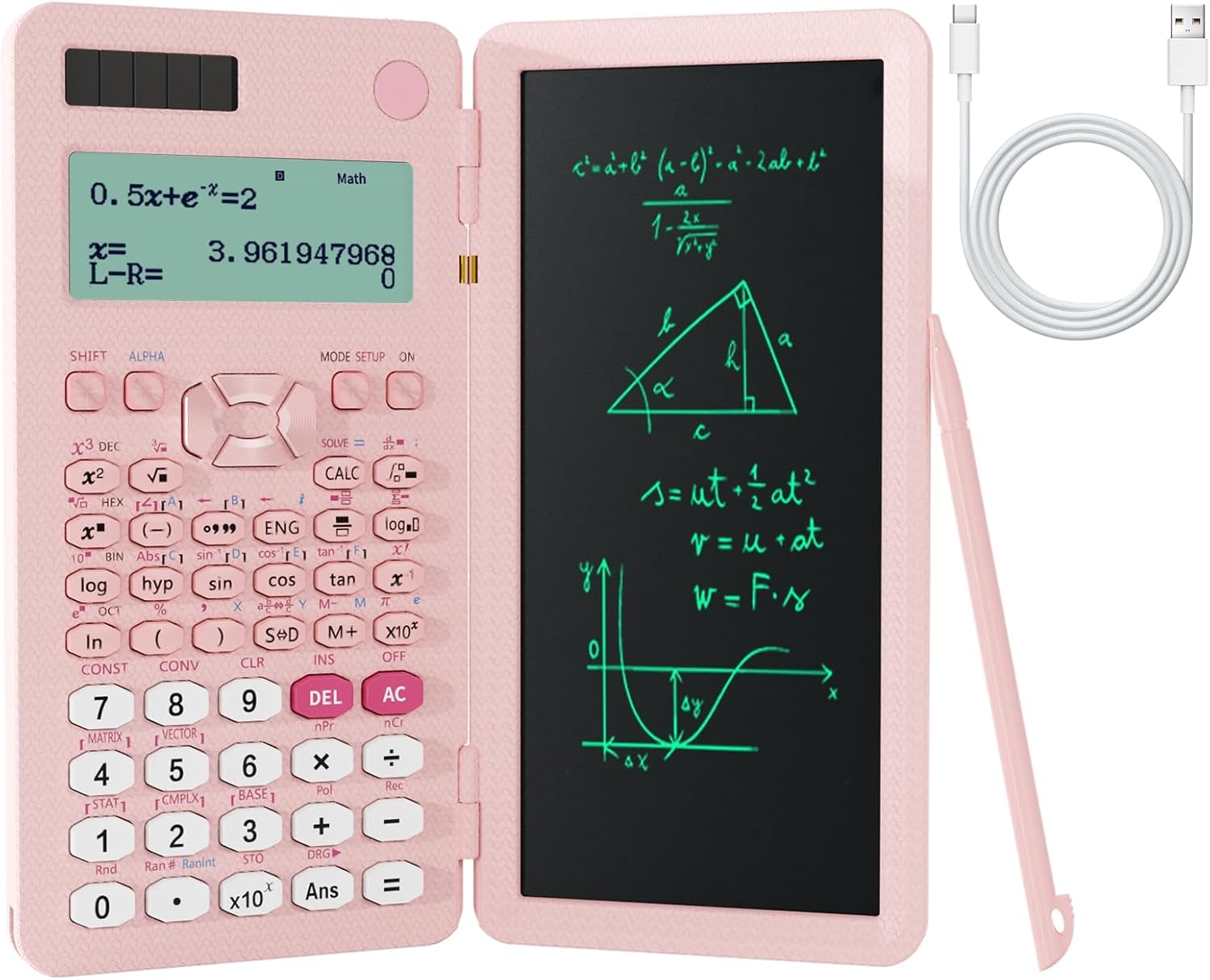 Rechargeable Scientific Calculators for Students, Pink 991ES MAX Foldable Science Calculator with Notepad 417 Function Solar Energy Science Calculators for Middle and High School Supplies (Pink)
