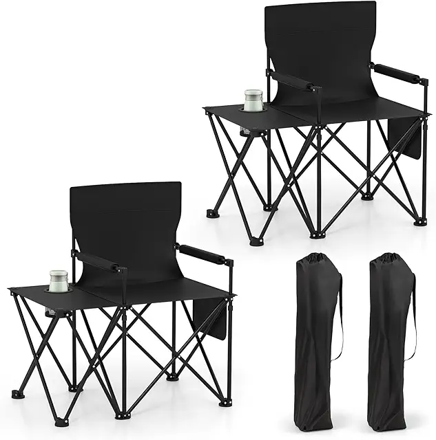 COSTWAY Folding Camping Chair Set with Side Table - 150kg Capacity, Black