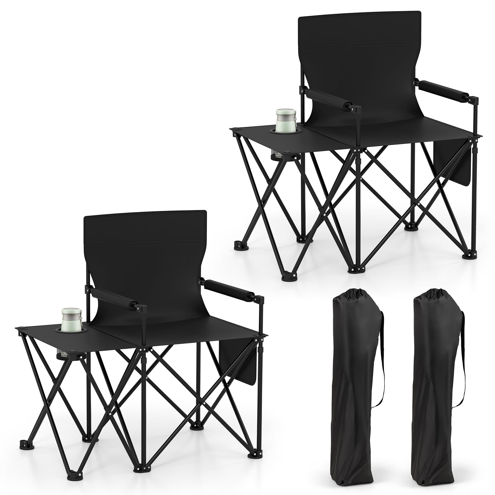 COSTWAY 2 Pack Oversized Camping Chair with Side Table, Folding Heavy-duty Picnic Chairs with 2 Storage Pockets, Cup Holder, Padded Armrests and Carrying Bag, Portable Outdoor Directors Chair (Black)