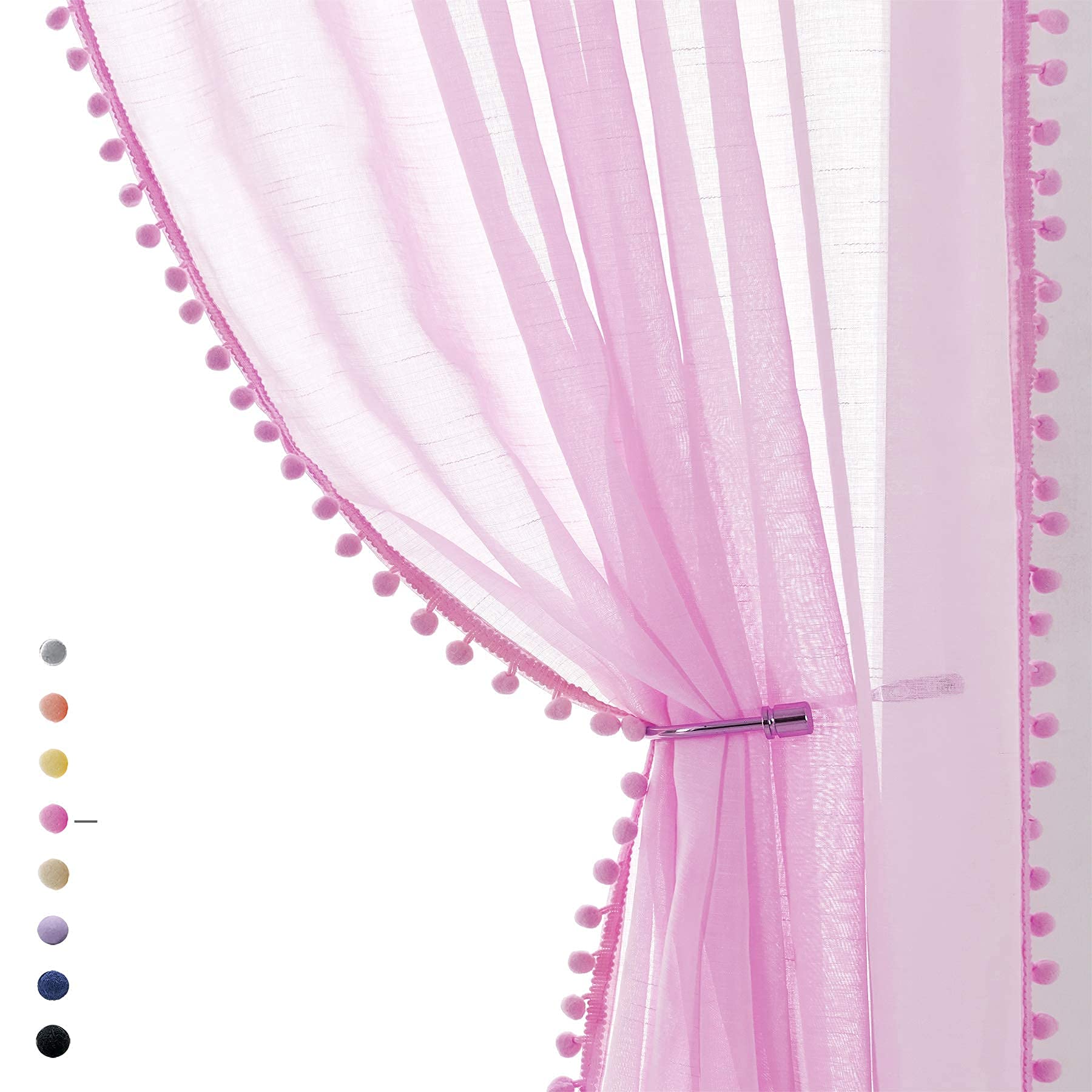 Treatmentex Sheer Curtains for Bedroom Nursery Room Pink 72 inches Long Linen Texture Slub Pom Pom Voile for Windows 52" W x 2 Panels Rod Pocket — image 1