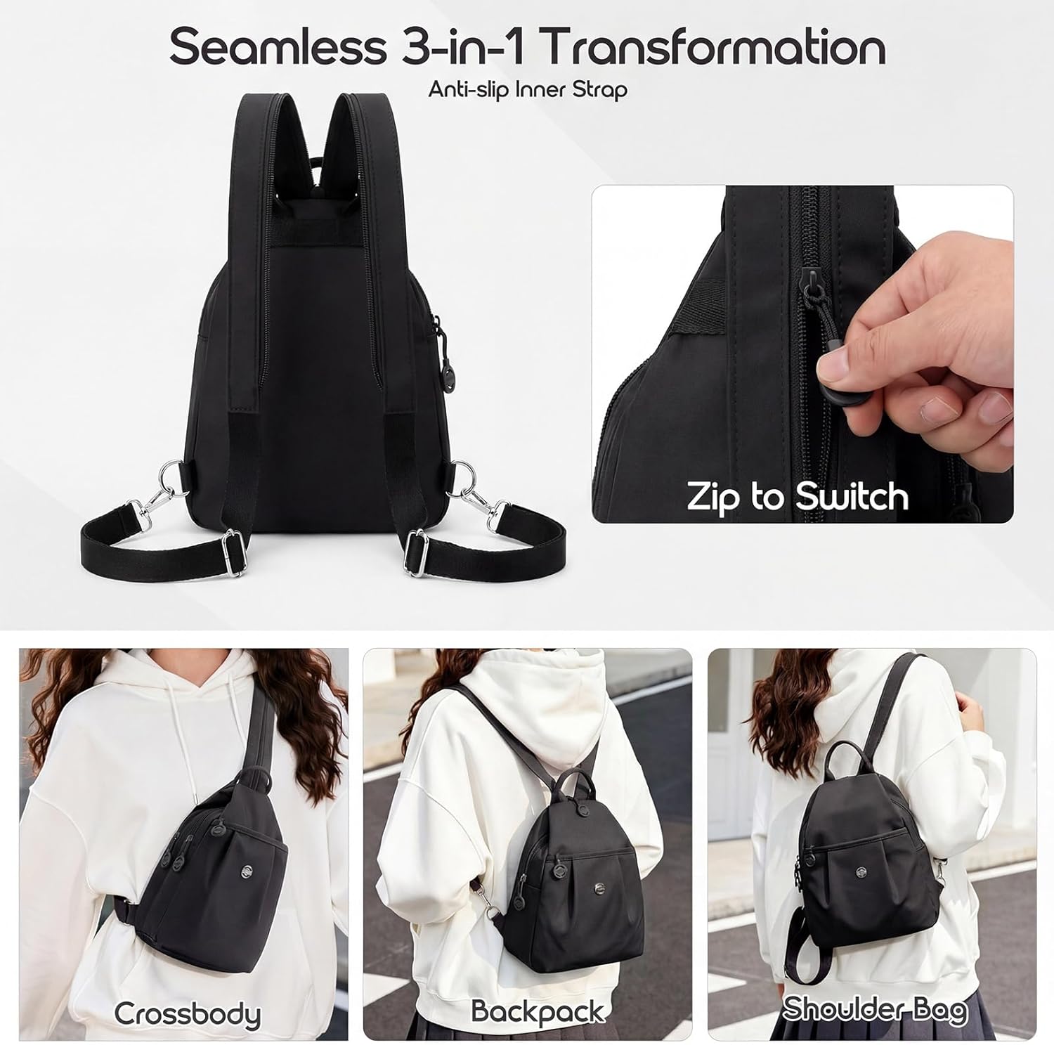 3 in 1 Convertible Backpack Anti Theft Crossbody Backpacks Bags for Women Sling Bag with Wallet Oxford Nylon Travel Purses