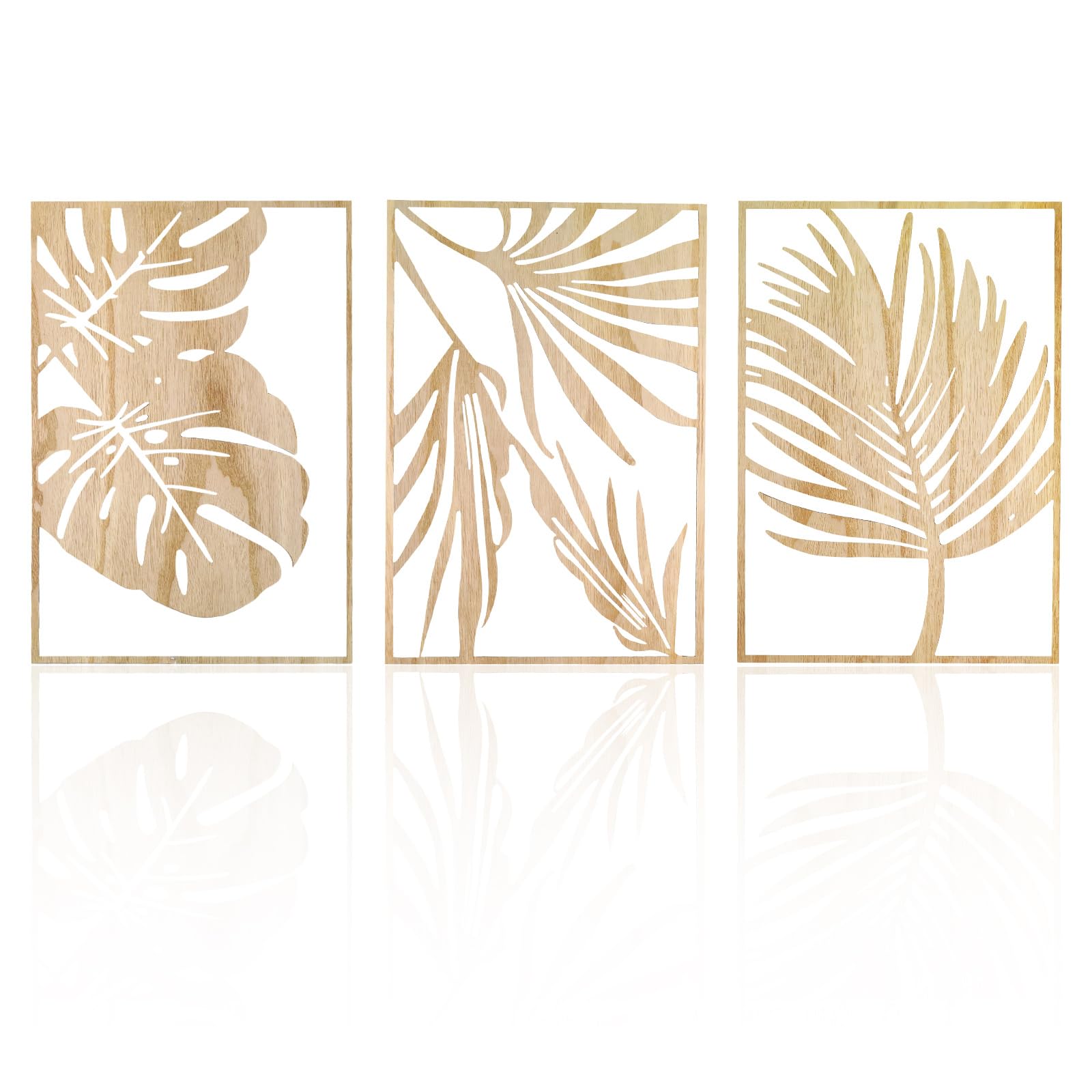 Jinzhenhong 3Pcs Modern Wooden Wall Sculptures, Leaf Sign Vintage Tropical Plant Wall, Wood Rustic Palm Leaves Wall Art Decor for Living Room Bathroom Bedroom Office (Leaf 1 Light Brown)