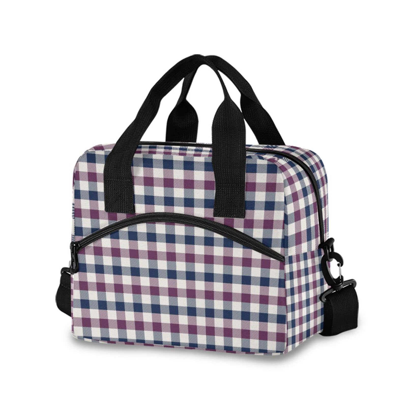 Insulated Lunch Bag Reusable Cooler Purple Beige Plaid Lunch Box Adjustable Shoulder Strap for Picnic Office School