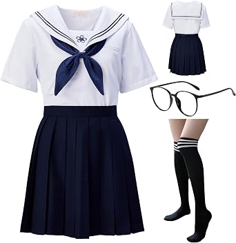 Japanese School Uniform for Women, Short Sleeve Anime Sailor Cosplay Outfit with Skirt, Socks & Glasses Frame