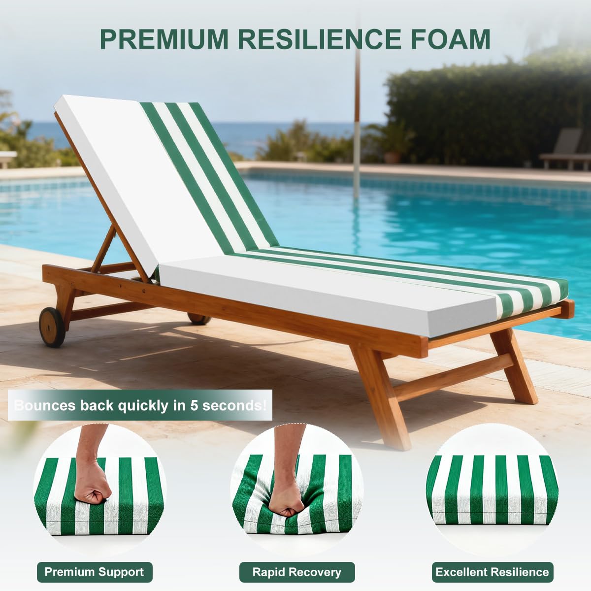 Materassino per lettino Prendisole da Giardino Impermeabile, Cuscino per lettino Prendisole Imbottito in Poliestere Anti-UV, Fondo Antiscivolo con 4 Lacci, Pieghevole, Lavabile,Dark green,178x59x10cm