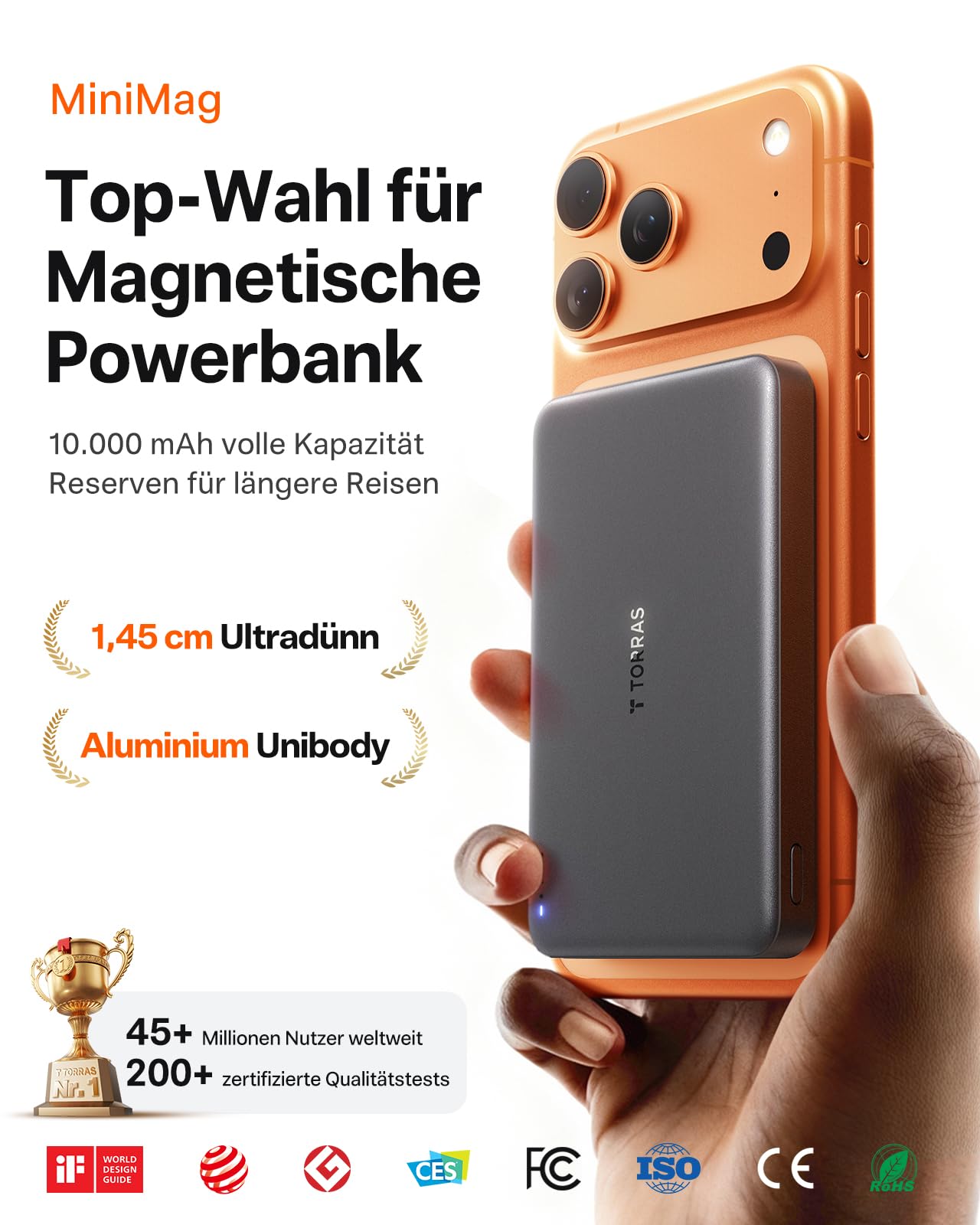 TORRAS MiniMag Powerbank für MagSafe, 10000mAh 22.5W Schnellladen Magnetische Power Bank Slim, Wireless Externe Akkupack mit USB-C-Kabel für iPhone 17 Pro Max/Air/16/15/14/13/12, AirPods, Grau Titan.