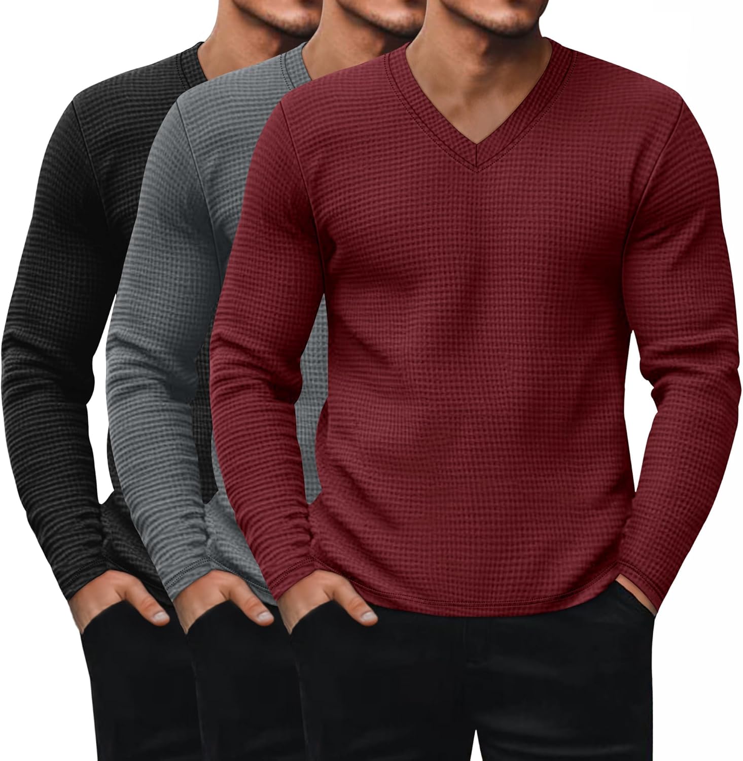 Ficerd 3 Pack Men's Waffle Thermal Long Sleeve Shirts V Neck Underwear Tops Casual Knit Undershirts Pullover Sweaters