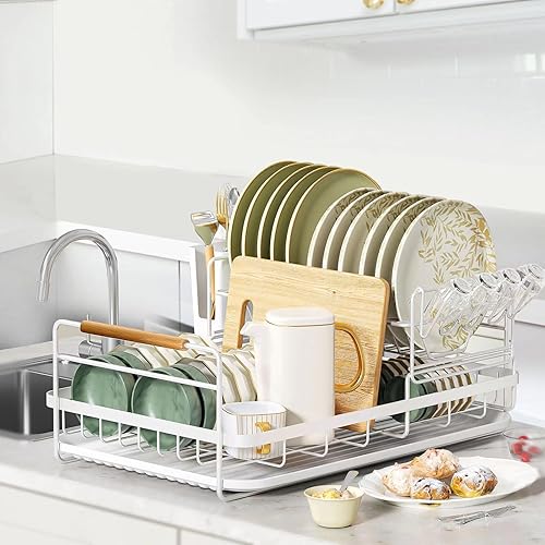 Eficazom Escurridor de platos duradero de 2 niveles desmontable para encimera de cocina con soporte para cuchillos y portavasos, mango de madera,