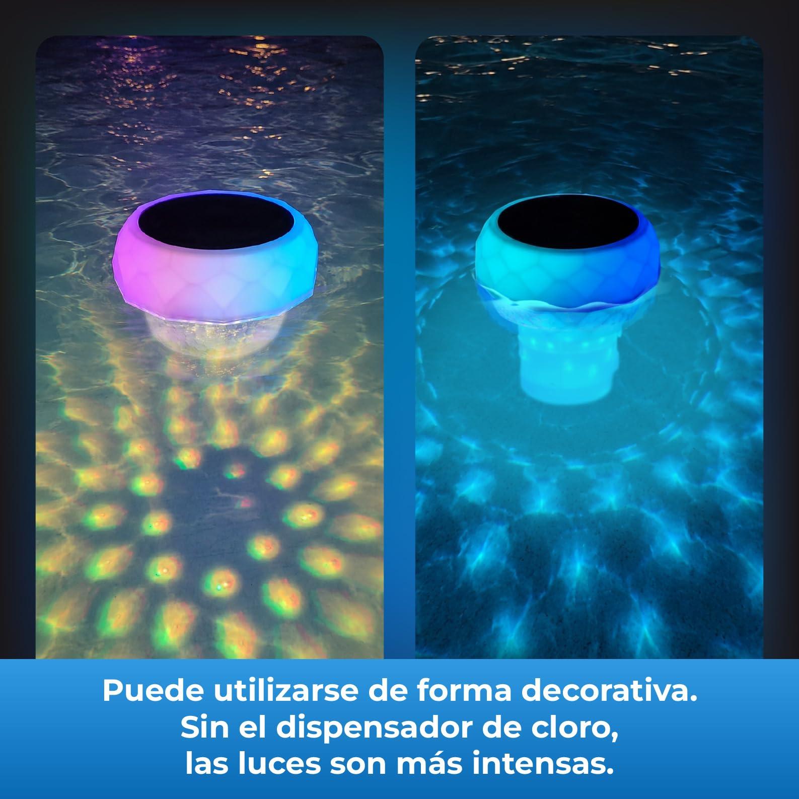 LED ATOMANT Dosificador Cloro Piscina Flotante con Luz Solar LED, Dispensador Cloro con Mando a Distancia, Luces Sumergibles RGB, Temporizador, IP68 Impermeable, Luces Flotantes para Jardin