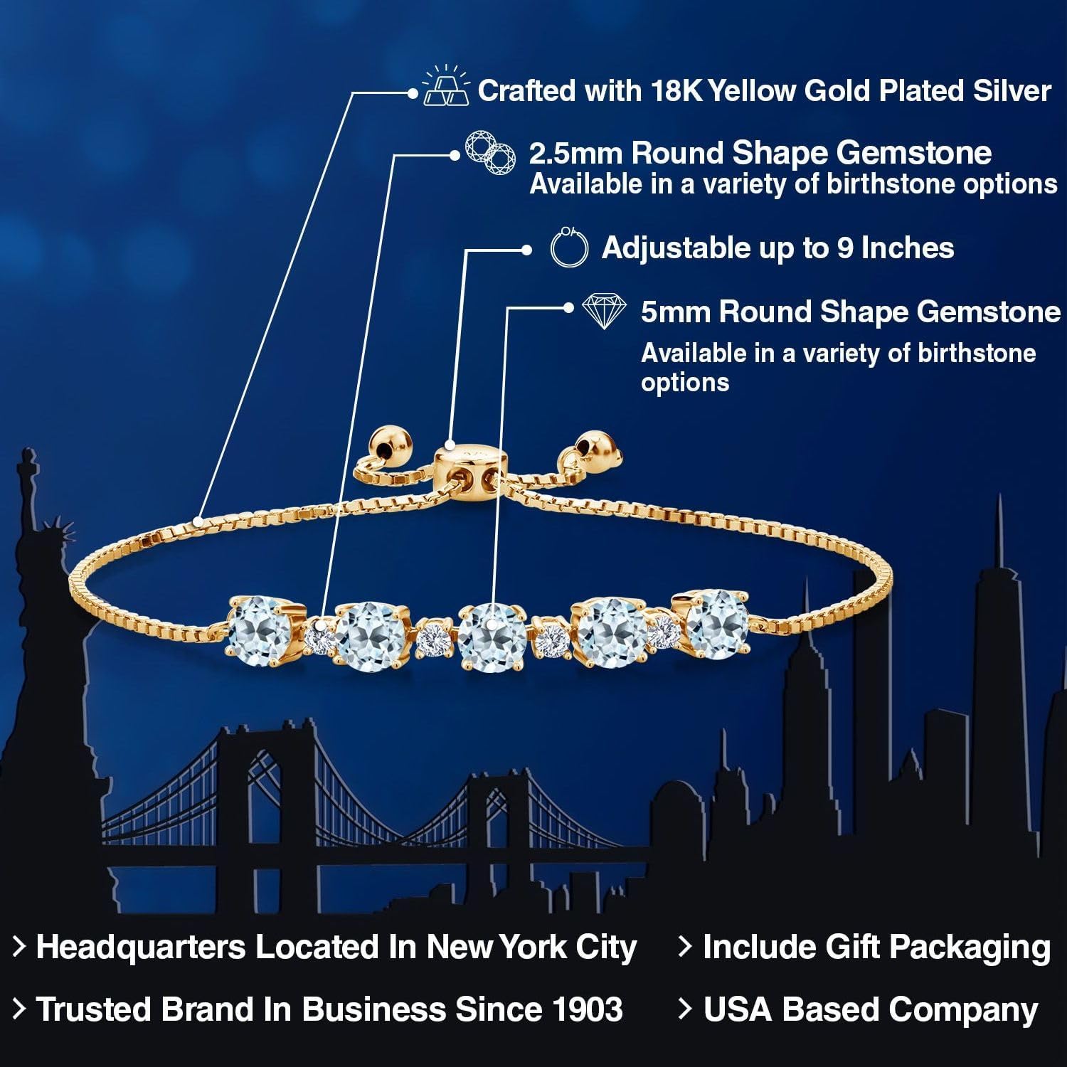 Gem Stone King 18K Yellow Gold Plated Silver Gemstone Birthstone and White Moissanite Tennis Bracelet for Women | Round 5MM and 2.5MM | Adjustable Bolo Design | Easy-On Easy-Off | Fully Adjustable Up
