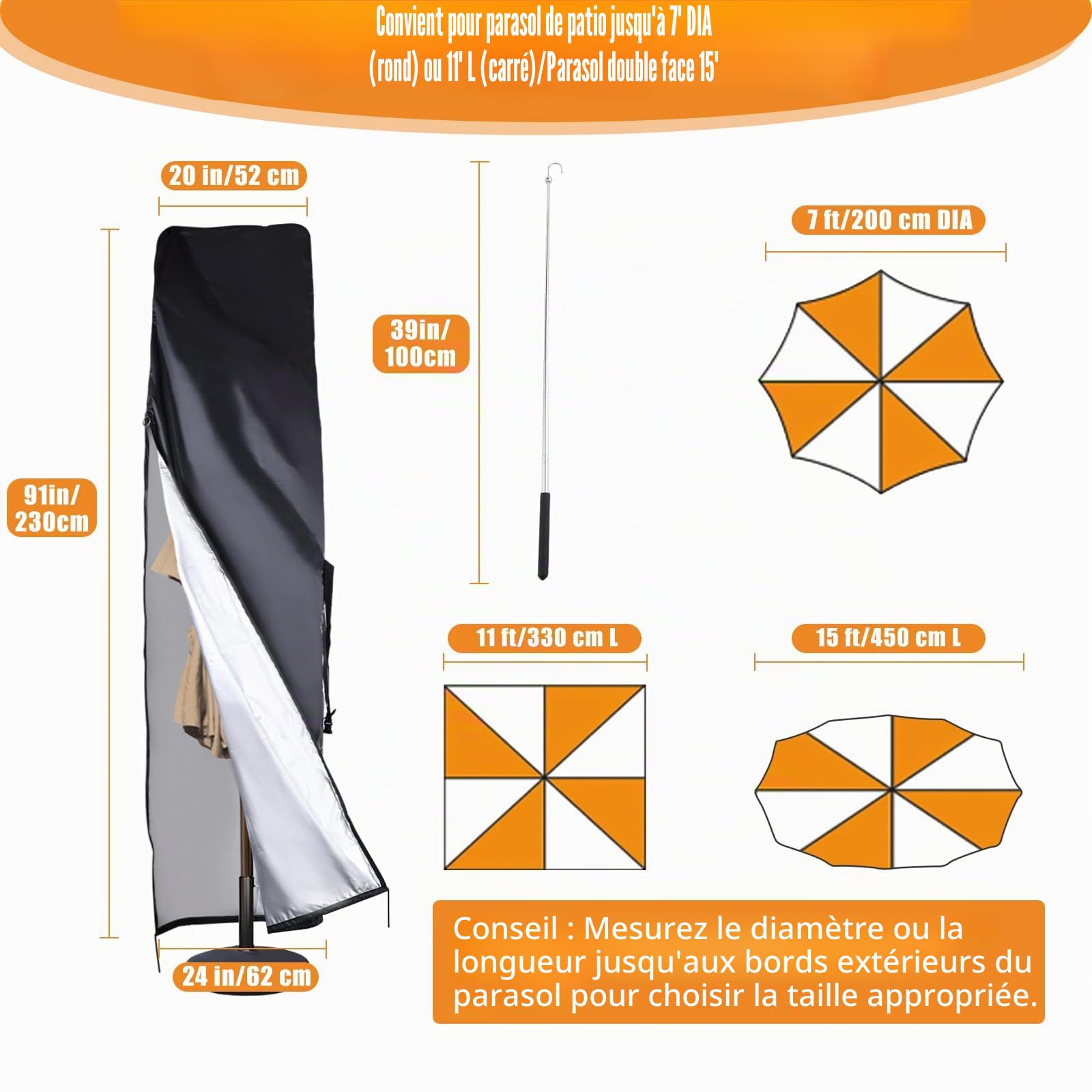 Housse de protection imperméable pour parasol déporté de 200 cm/330 cm, pour parasol double de 450 cm, housse de parasol 420D avec tige, fermeture éclair, aération supérieure (230 x 52 x 62 cm)