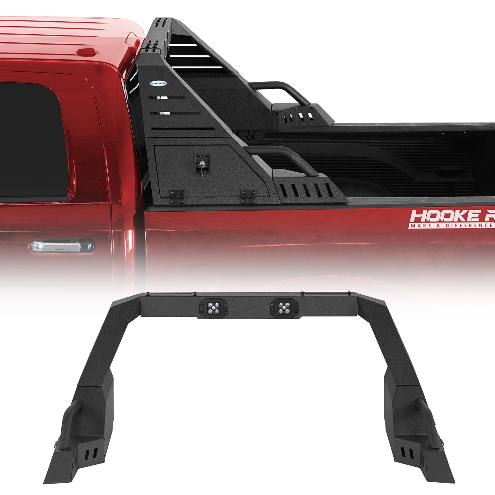 u-Box Full-Size Truck Roll Bar w/LED Spotlights & Storage Lock Box for Dodge Ram 1500, Ford F-150, Toyota Tundra, Chevy Silverado 1500, GMC Sierra 1500 - Adjustable Width
