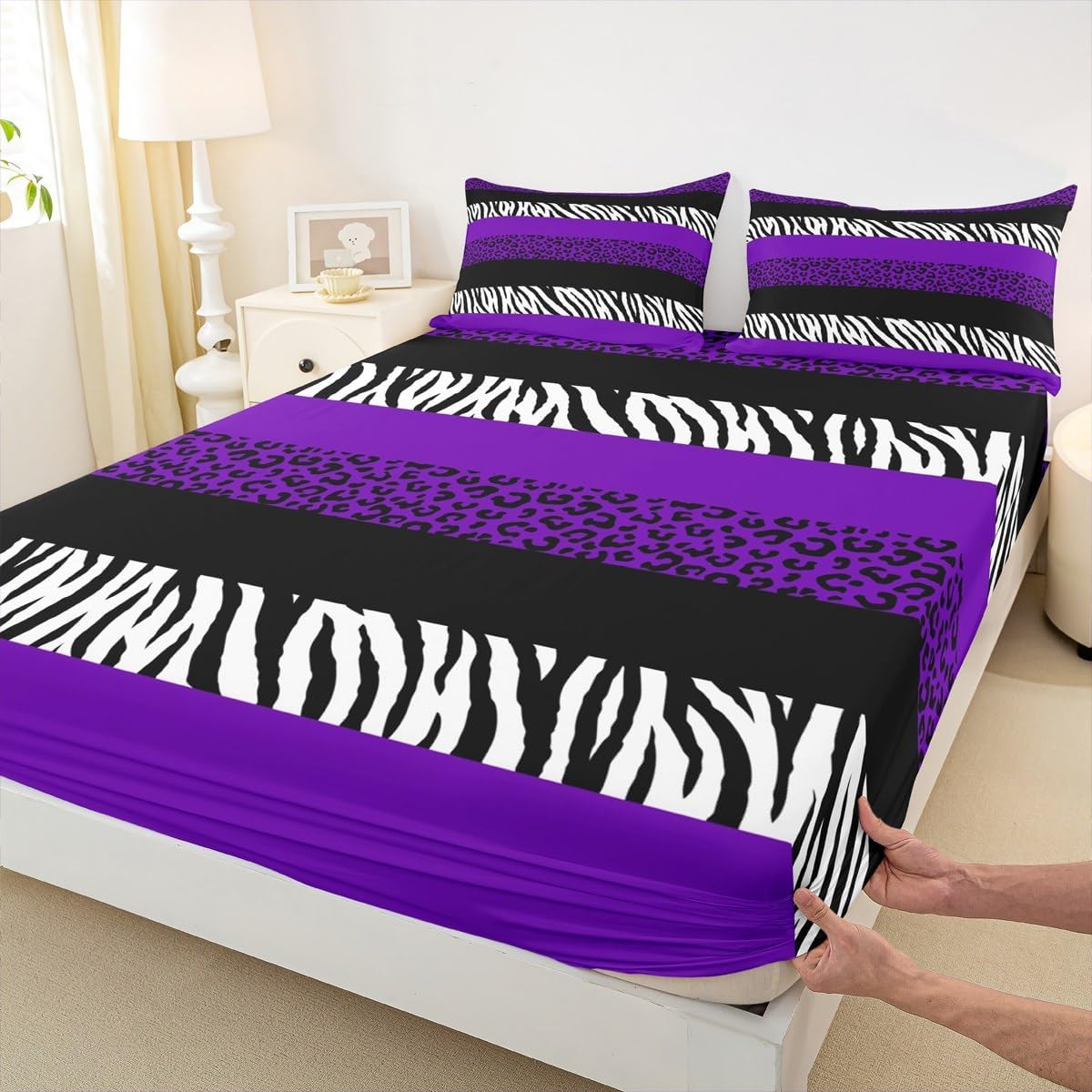 Purple Leopard Print Kids Fitted Sheet Twin Size,Zebra Abstract Animals Skin Bedding Set,Girls Boys Adults Room Decor,Geometric Stripes Bed Cover,Luxury Romantic Bed Sheet,1 Pillowcase