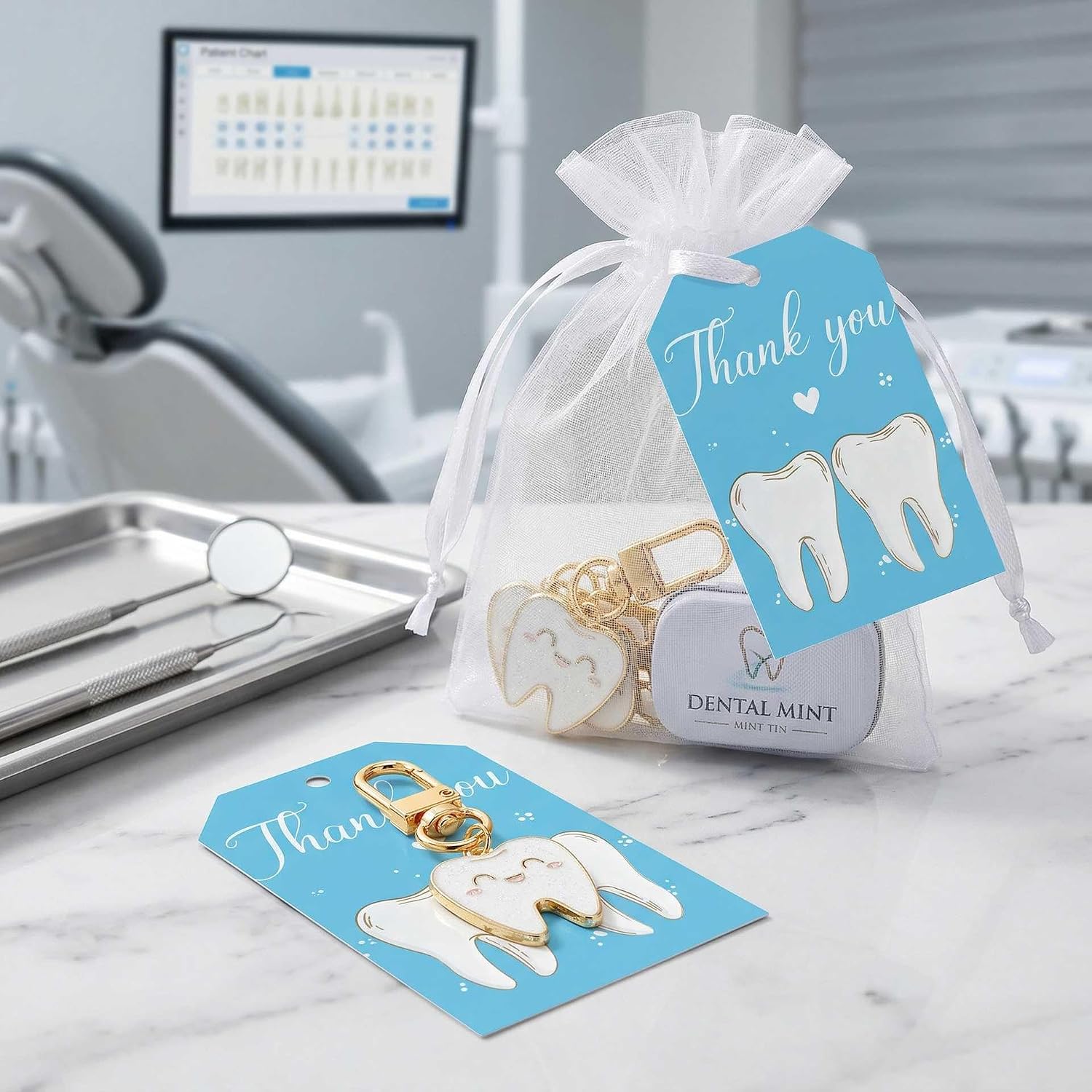 50 Sets Teeth Keychain Gift Set with 50pcs Keychains, Thank You Tags & White Gift Bags for Dentist Dental Hygienist Student Nurse Graduation Party Favors Gifts for Guests (50)